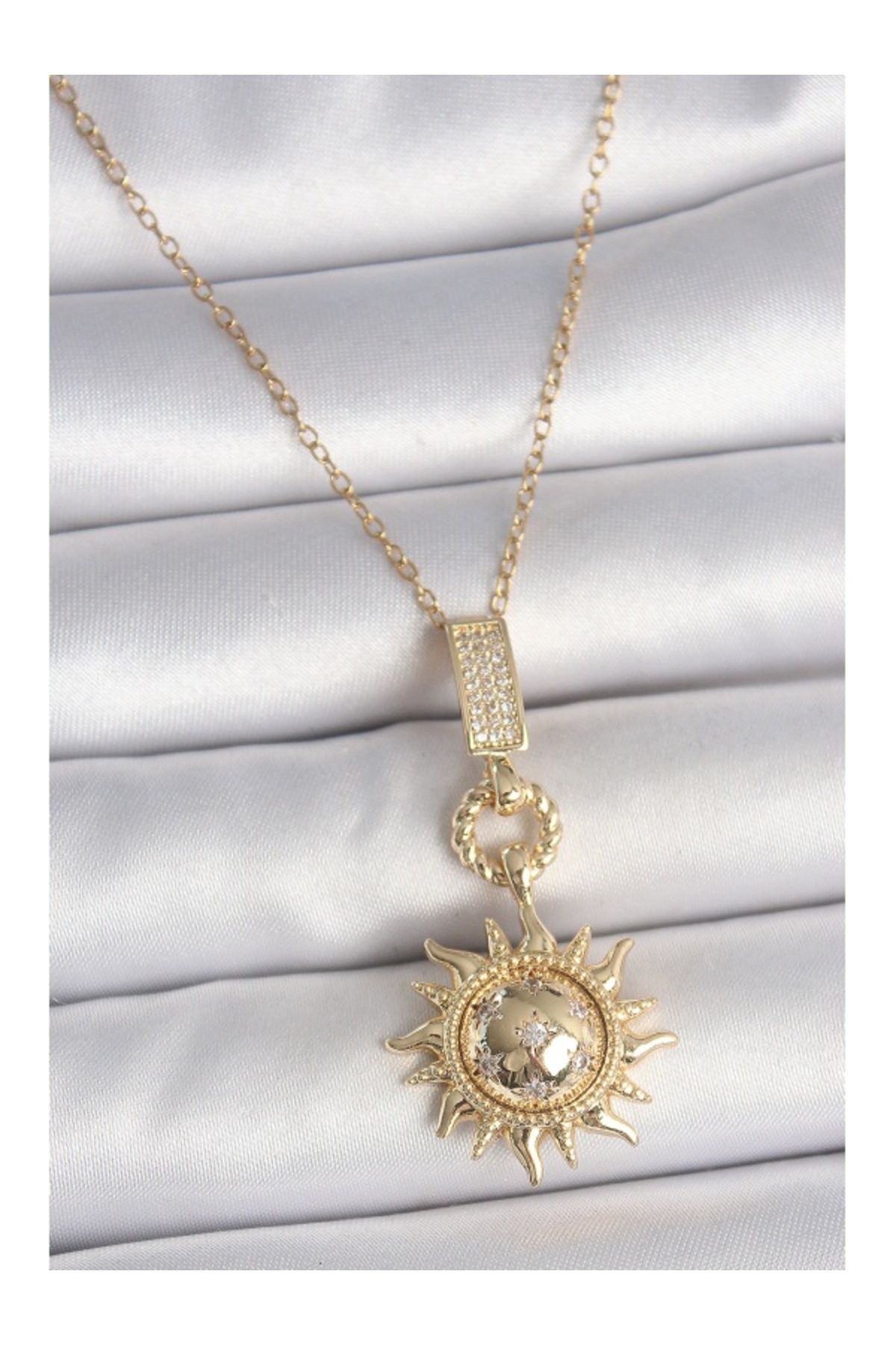 Clariss 316L Çelik Gold Renk Zirkon Taşlı Sallantı Güneş Model Kadın Kolye