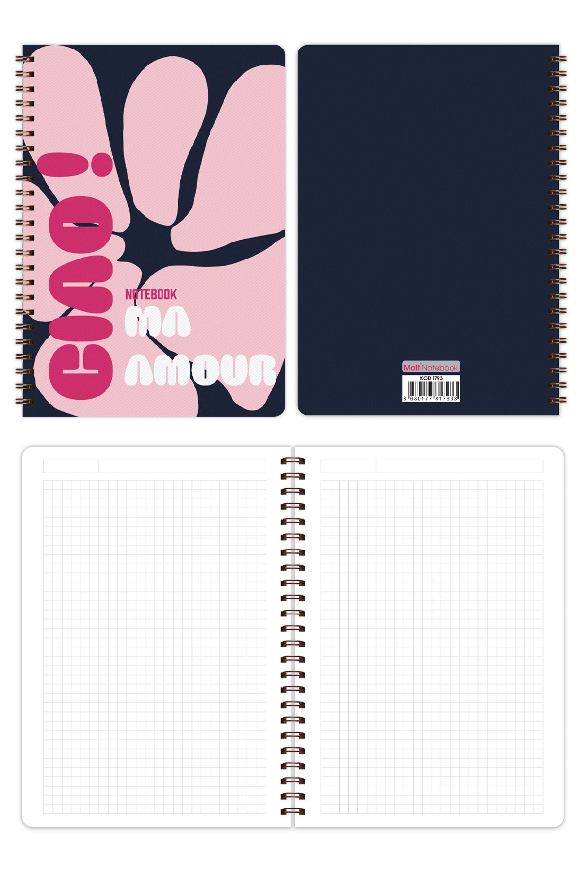 Matt Notebook-دفتر مدرسي حلزوني مقاس A5 80 ورقة، مجموعة من 4 - مربعات 6