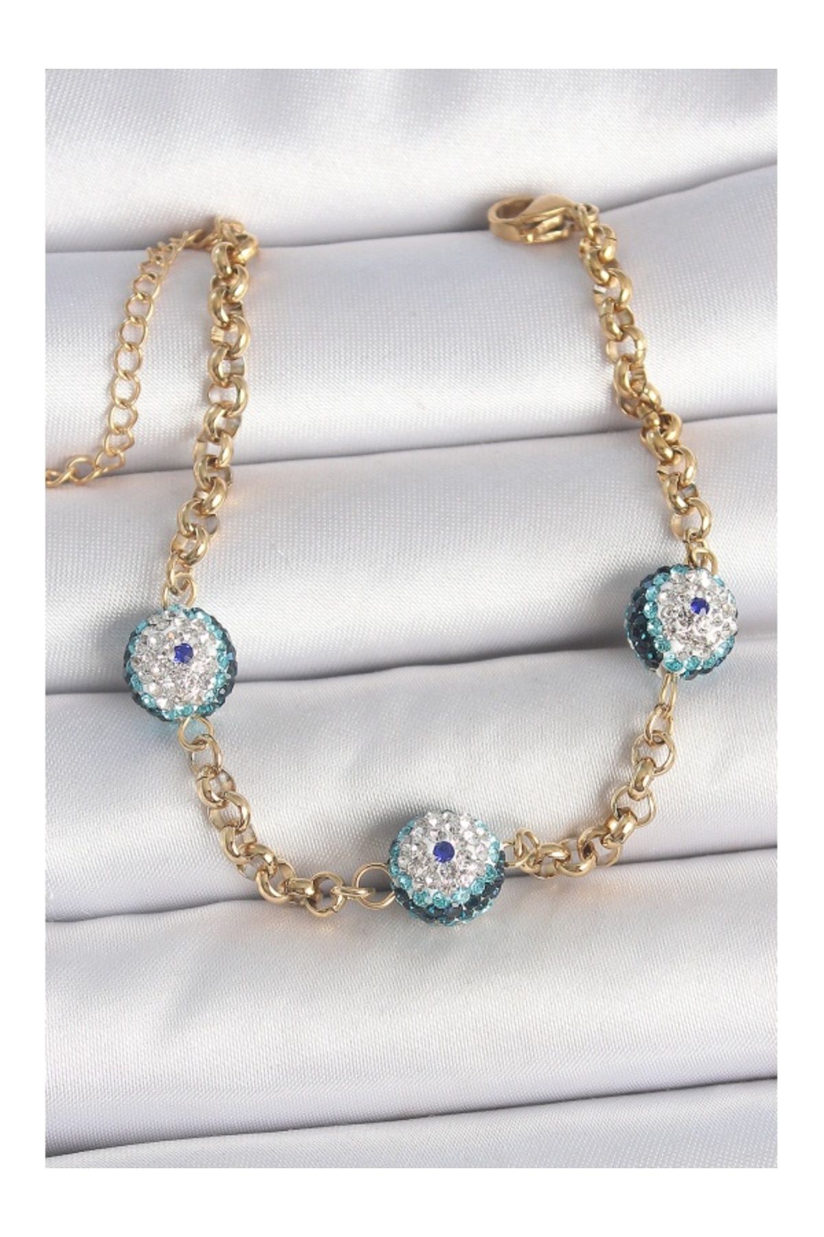Clariss 316L Çelik Gold Renk Zirkon Taşlı Nazar Boncuk Model Kadı Bileklik
