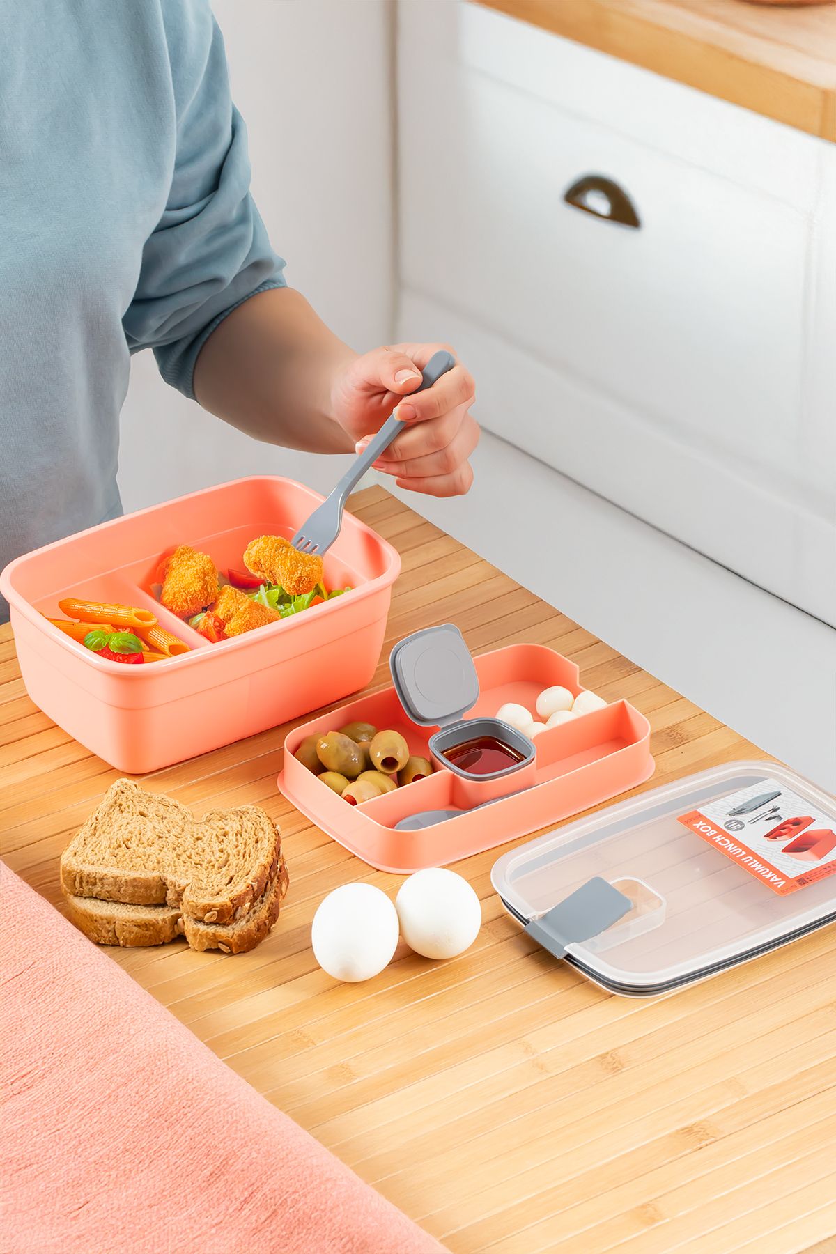 Porsima-3193 Vacuum Self-Feeding Lunch Box with Spoon, Fork and Sauce Bowl - 2-Tier Lunch Box - Lunch Box 4