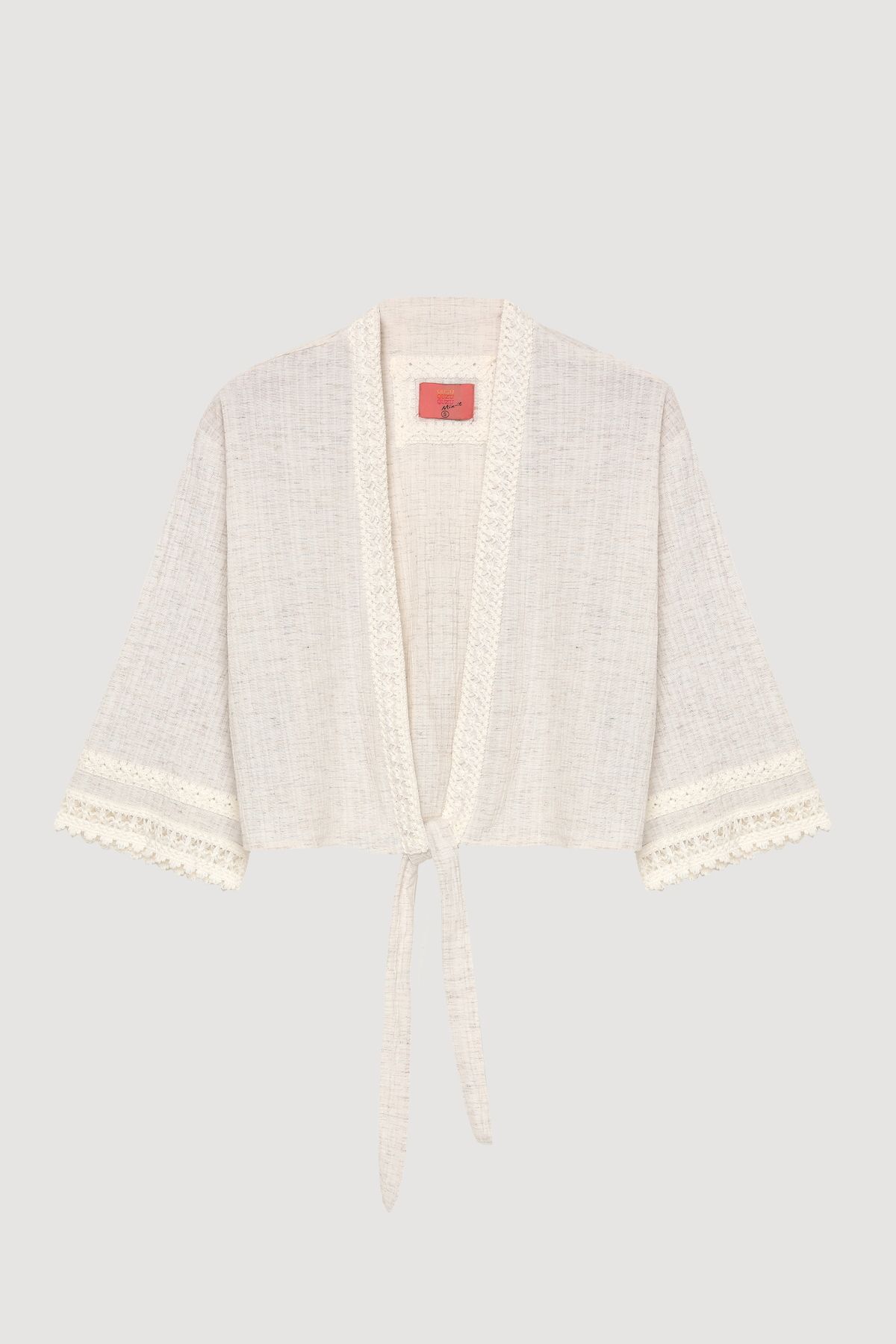 Quzu Şerit Dantelli Bağlamalı Kimono Naturel