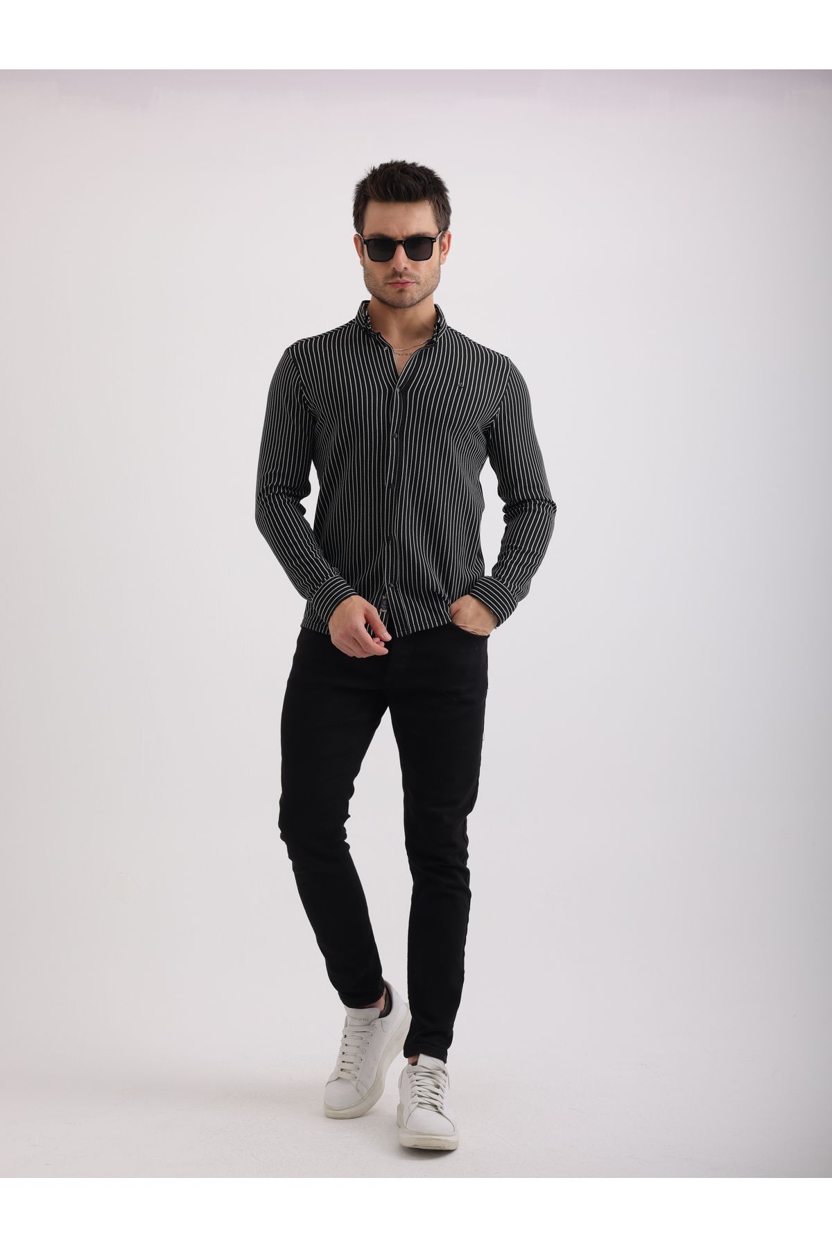 Sabe Erkek Slim Fit Siyah Likralı Nefes Alan Örme Çizgili Gömlek