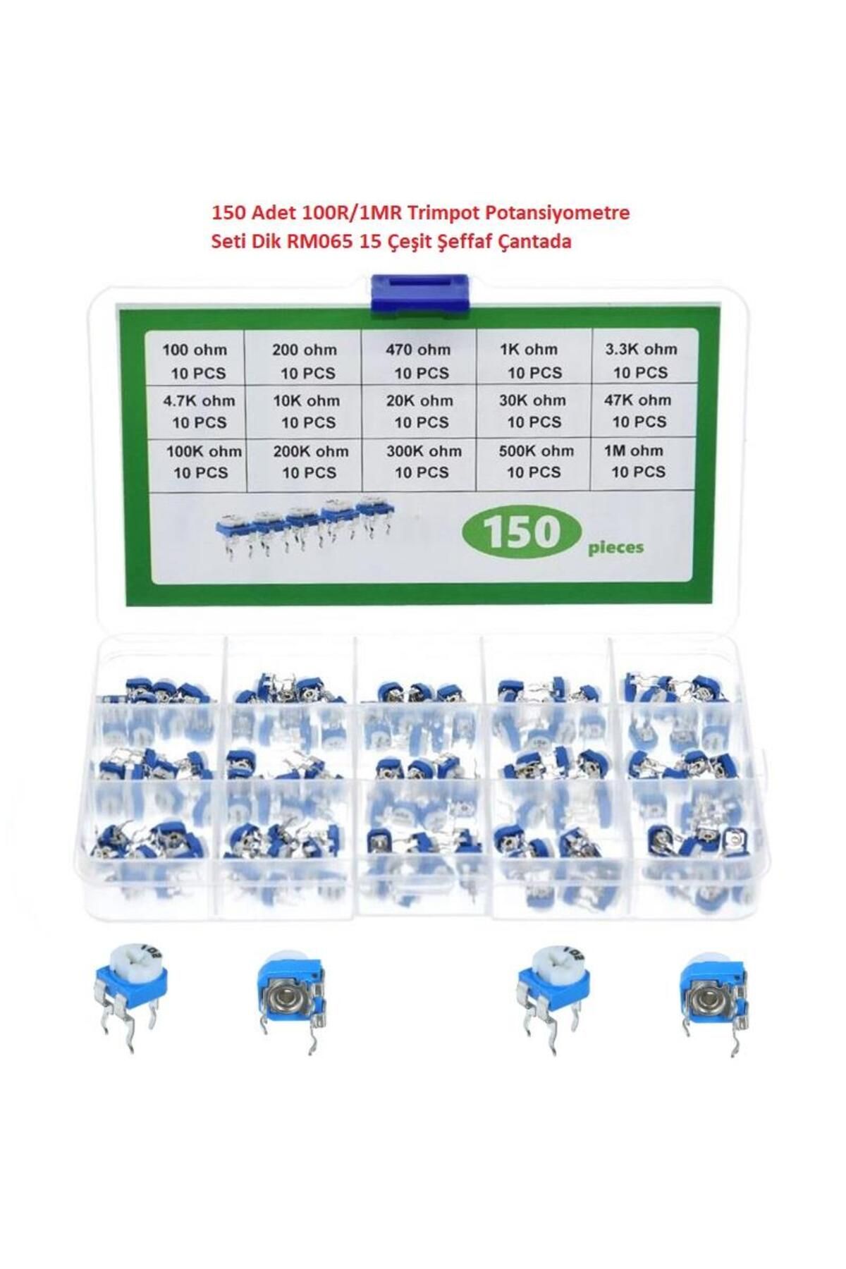 Hatfon Elektronik 150 Adet 100R/1MR Trimpot Potansiyometre Seti Dik RM065 15 Çeşit Şeffaf Çantada
