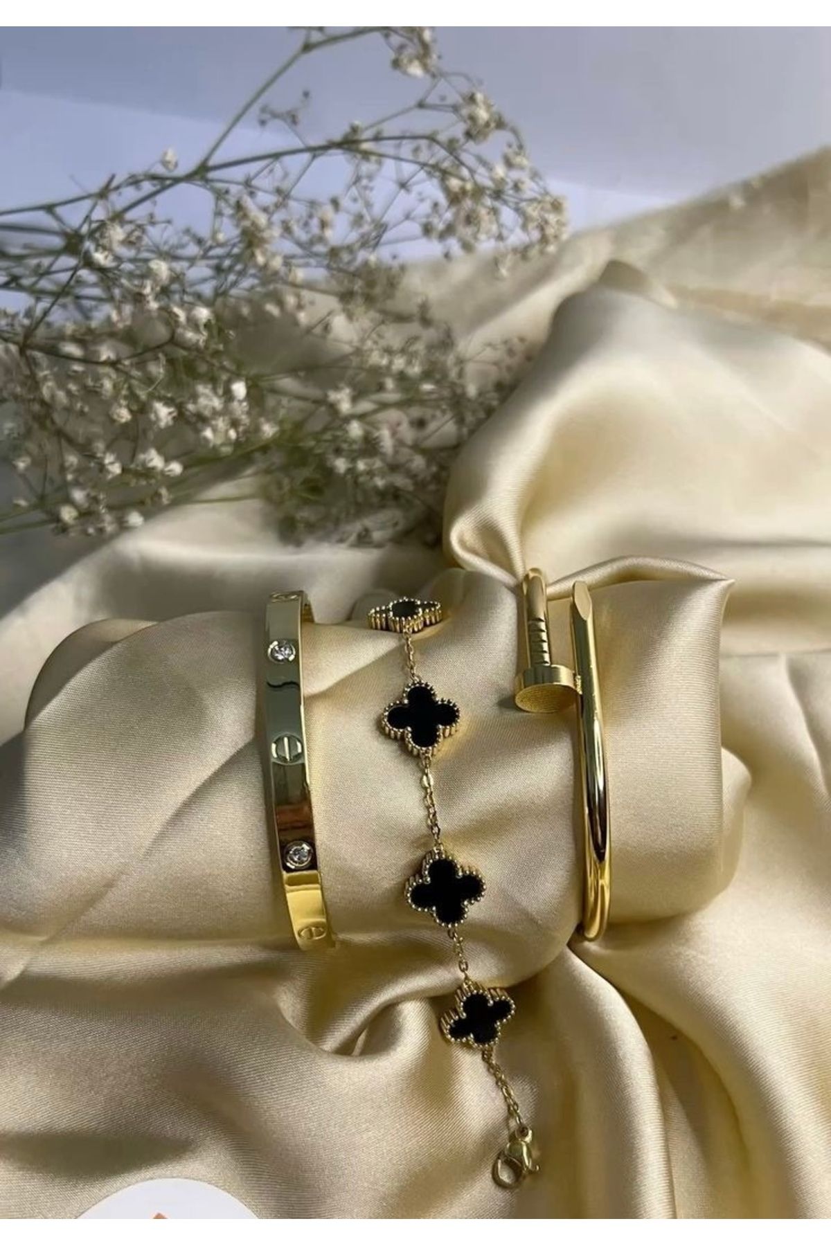ANGELSS JEWELLERY Üçlü Kombin Van Cleef Siyah Gold Çivi Kelepçe Seti (3’lü Yonca Model Kelepçe Bileklik Seti)