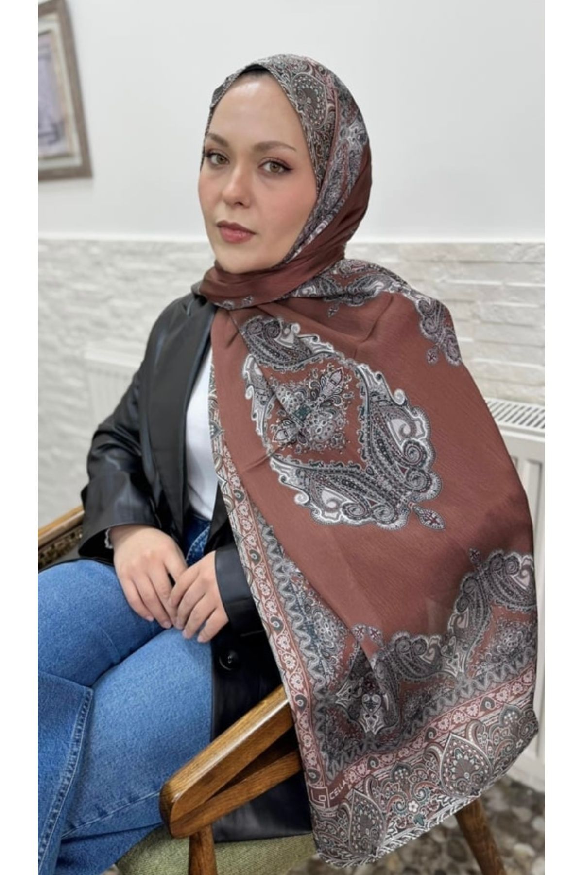RawelScarf Kiremit Etnik Desen İpek Şal
