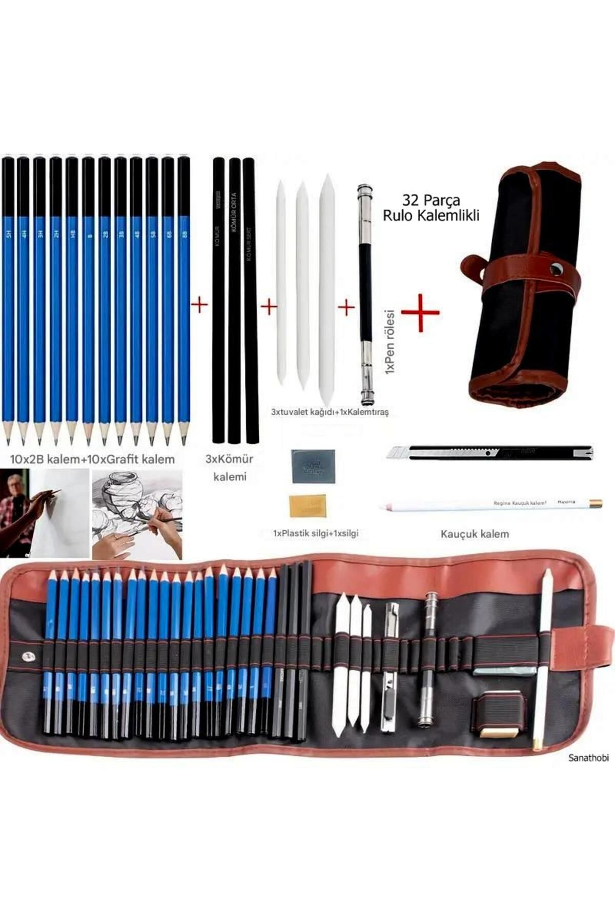 Sanathobi Kara kalem çizim seti, eskiz kalem seti, dereceli kalem set, tonlama-Rulo kalemlikli-32parça