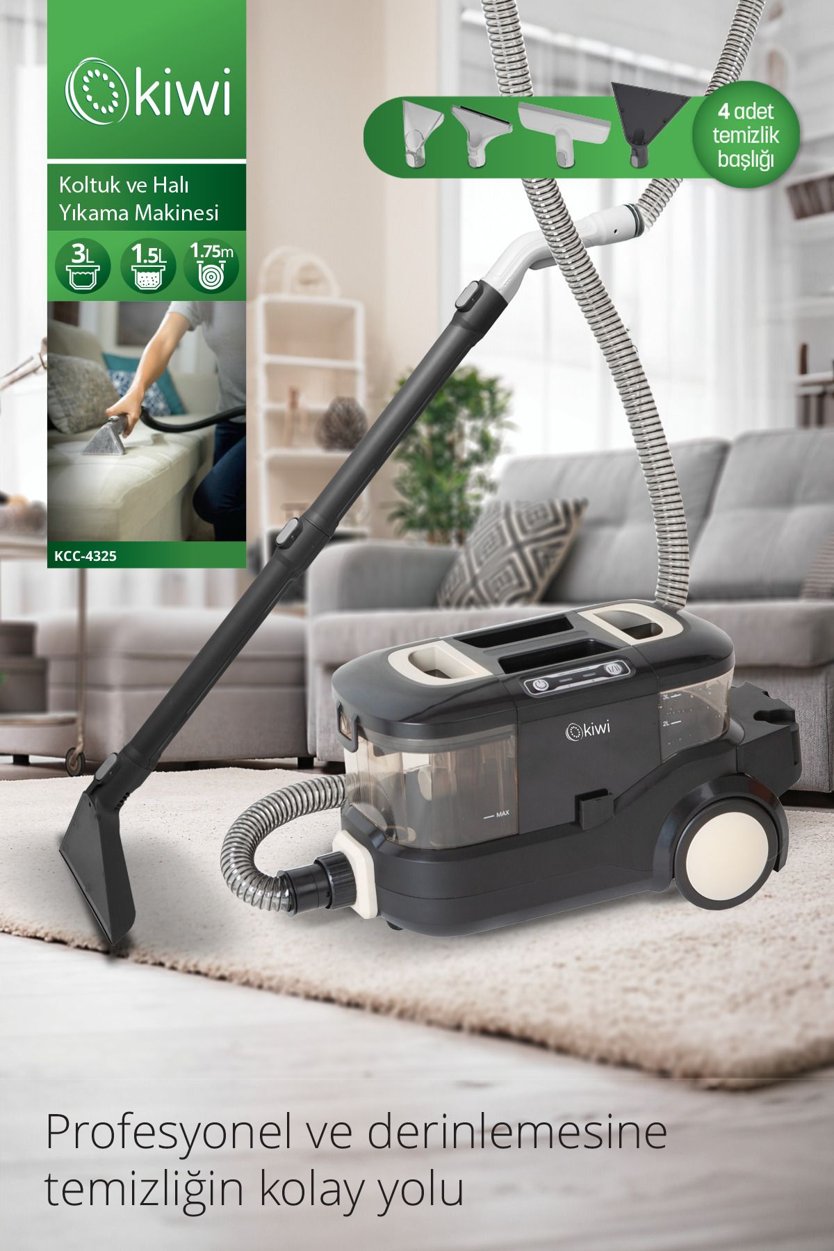 Kiwi Kcc-4325W Pencere Temizleme Aparatlı Koltuk Halı Yıkama ve Leke Çıkarma Makinesi