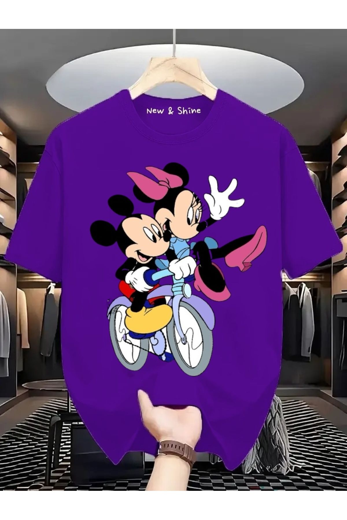 New Shine Mickey Minnie Mouse Baskılı Büyük Beden Oversize T-Shirt