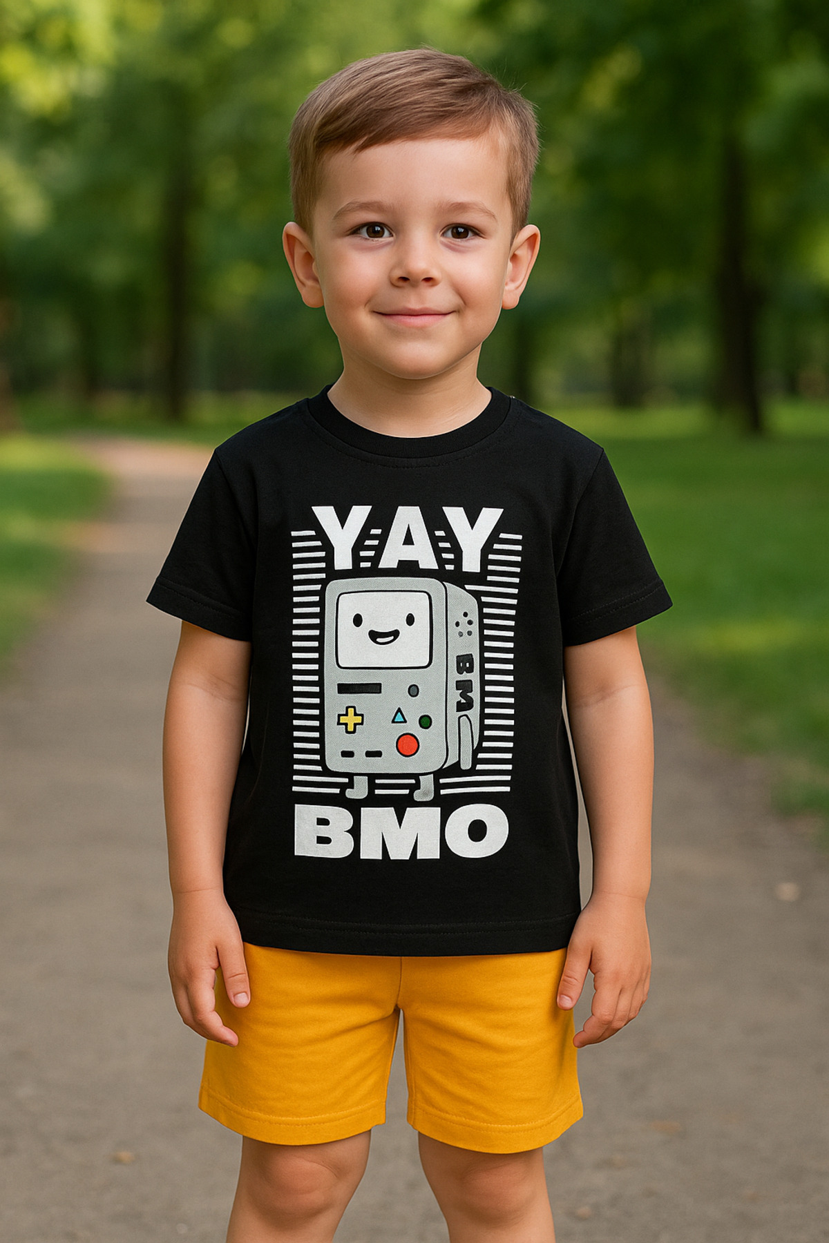 TRENDİMİZBİR-Boy's Yellow Shorts Black T-Shirt Set – Retro Game Console Themed Summer Set 1