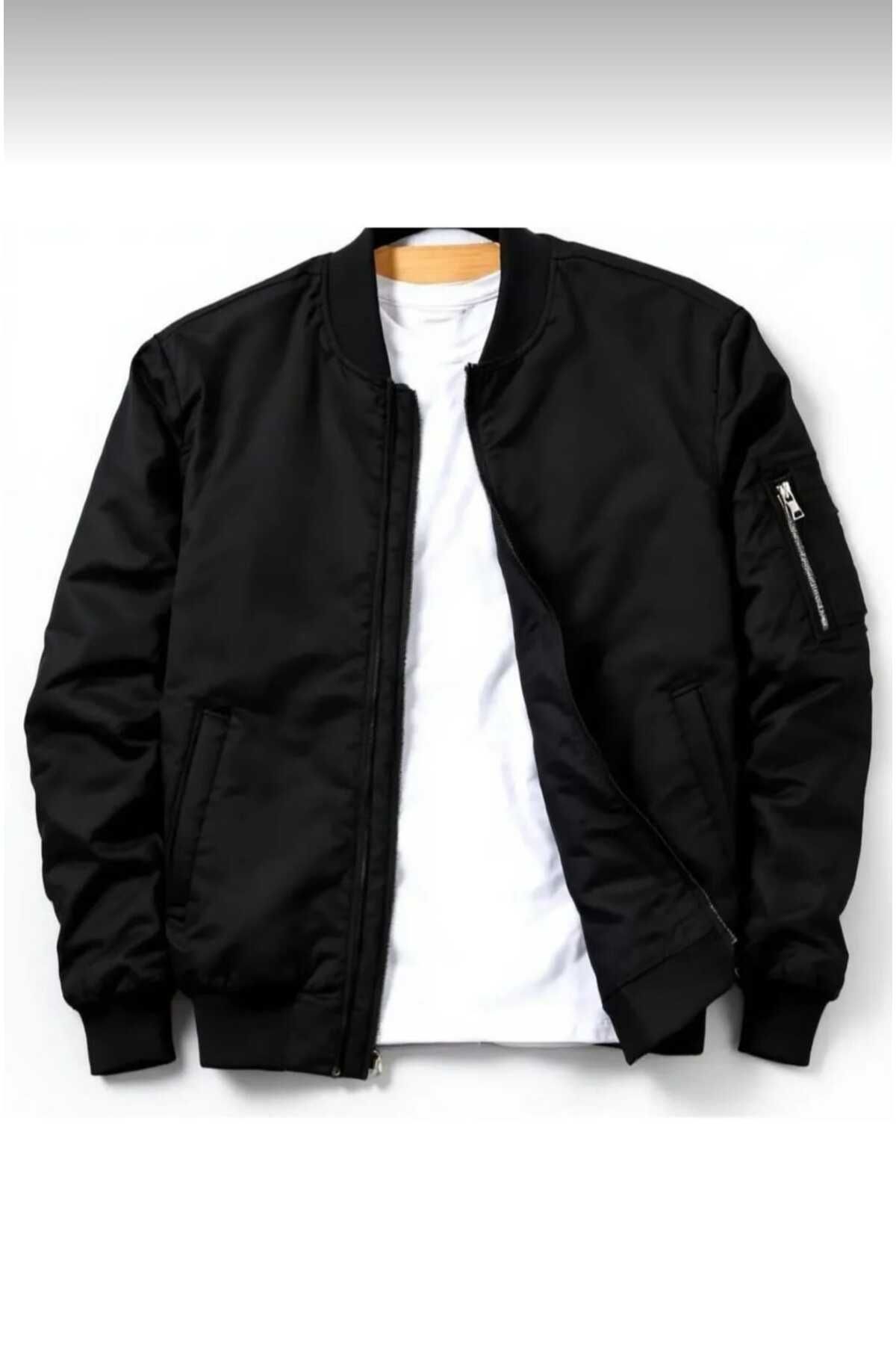 YUNED Unisex Siyah Oversize Çift Cepli Bomber Ceket Kolej Ceket
