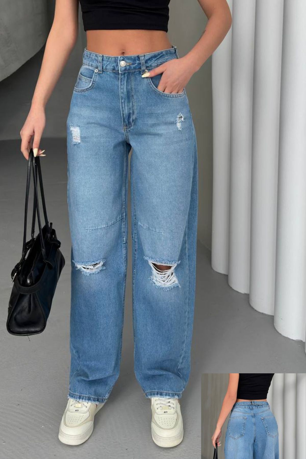 fehika Kadın Koyu Mavi Baggy Yırtıklı Jeans Yüksek Bel Boyfirend Jeans Pantolon