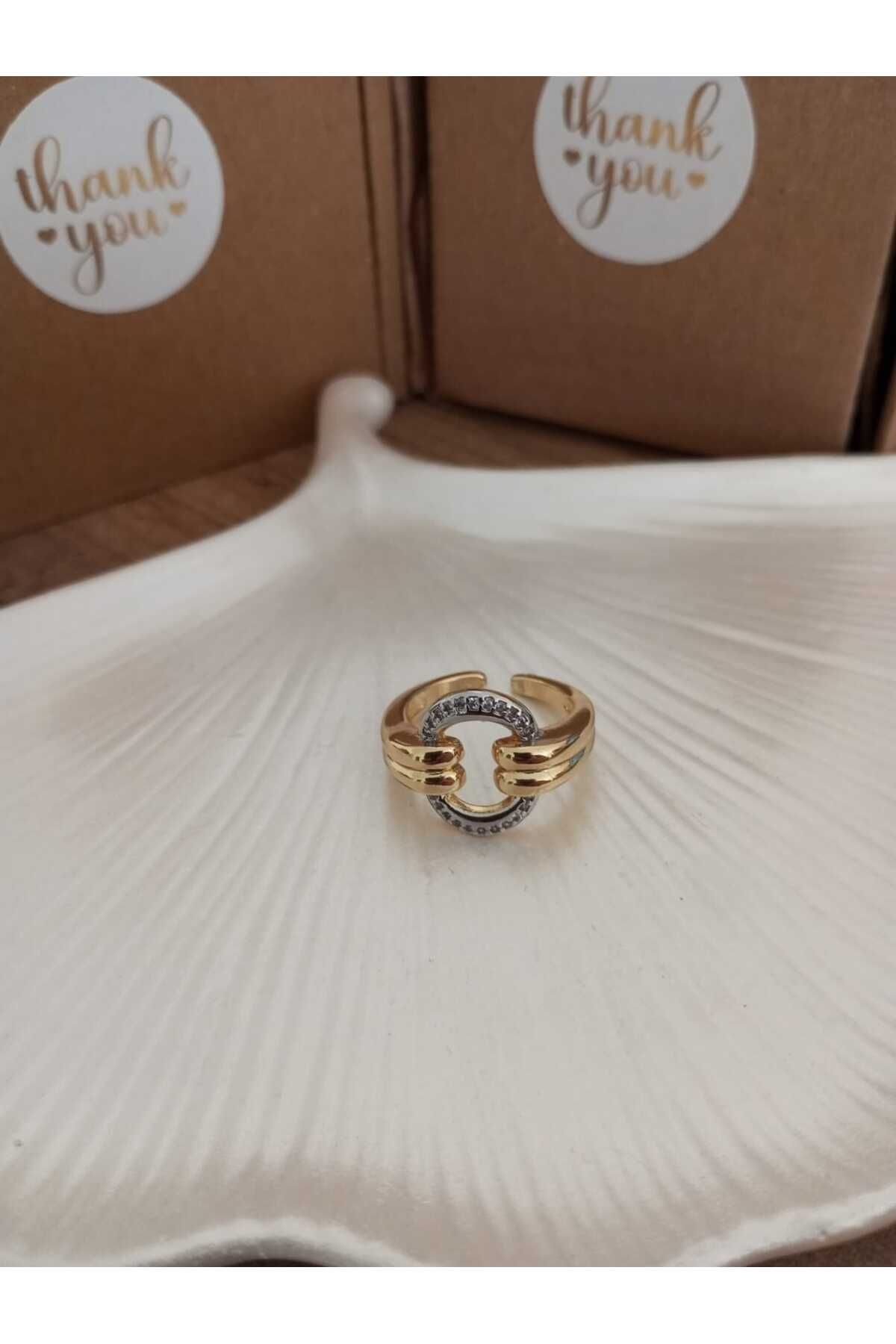Çelik Gold / silver iki renk taşlı halka ayarlanabilir yüzük