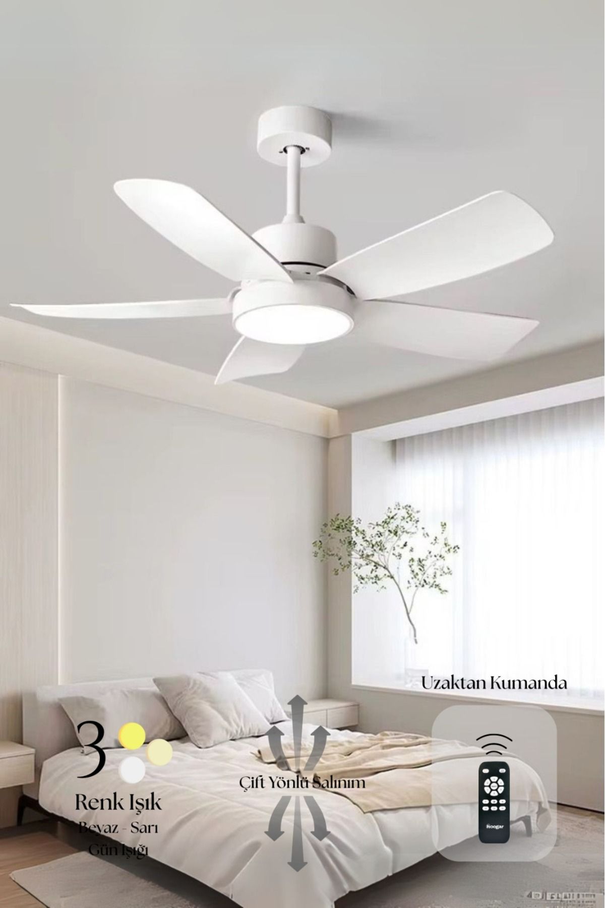 Hoogar German Beyaz 110 CM 5 Kanatlı Süper Sessiz 3 Renk Uzaktan Kumandalı Tavan Vantilatörü DC Motor