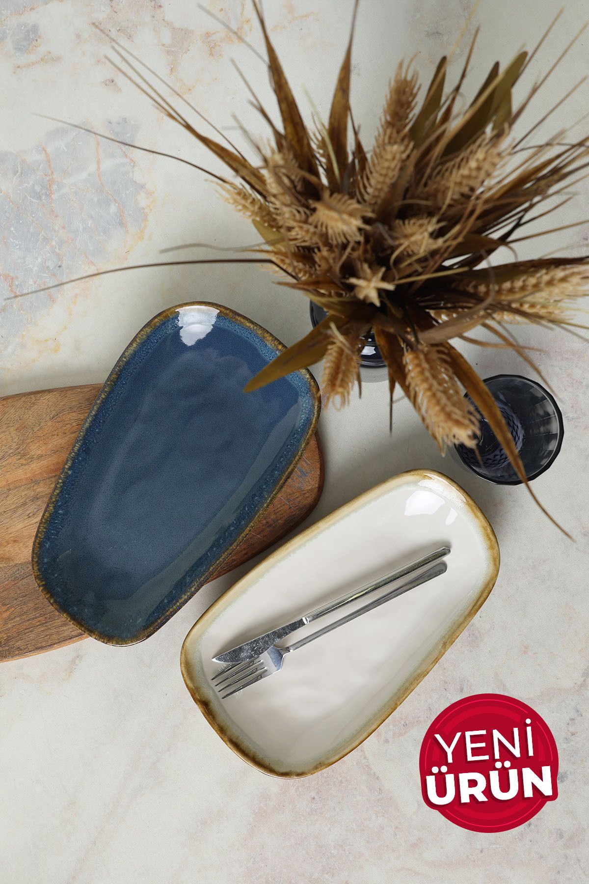 Keramika Shizen Mavi / Krem Tetra Kayık Tabak 28 Cm 2 Adet Q39-Q44