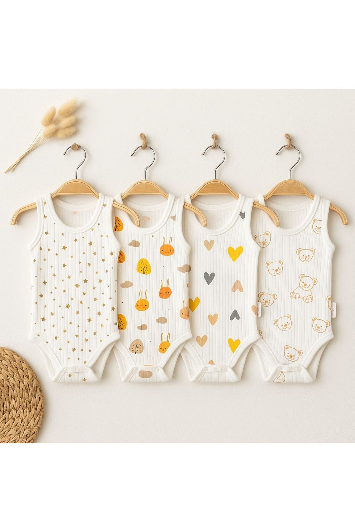 Zıbzıb baby %100 Pamuk 4lü Baskılı Bebek Çıtçıtlı Body Zıbın Atlet