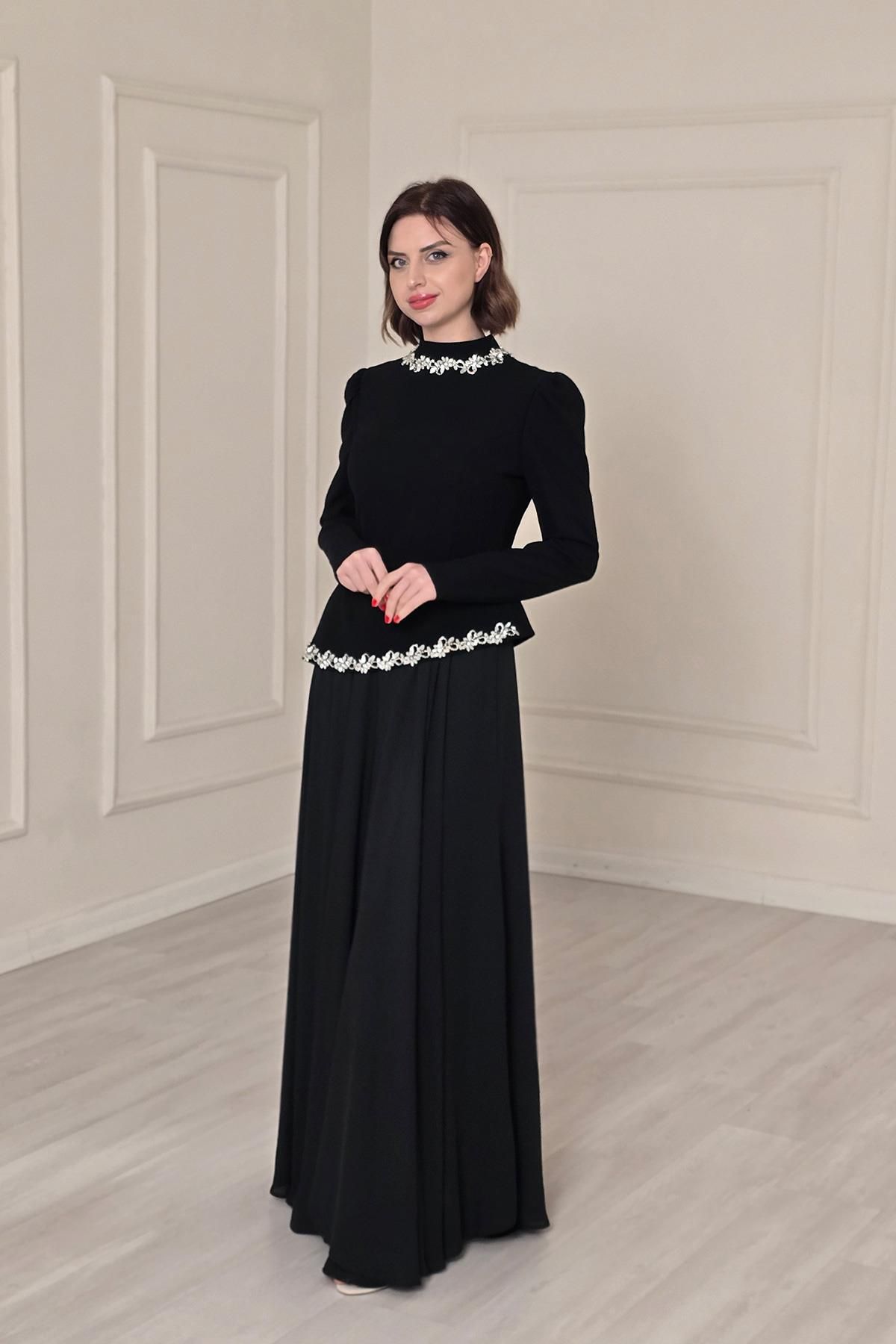 Yonca Moda Evi Siyah Pileli Abiye 4418