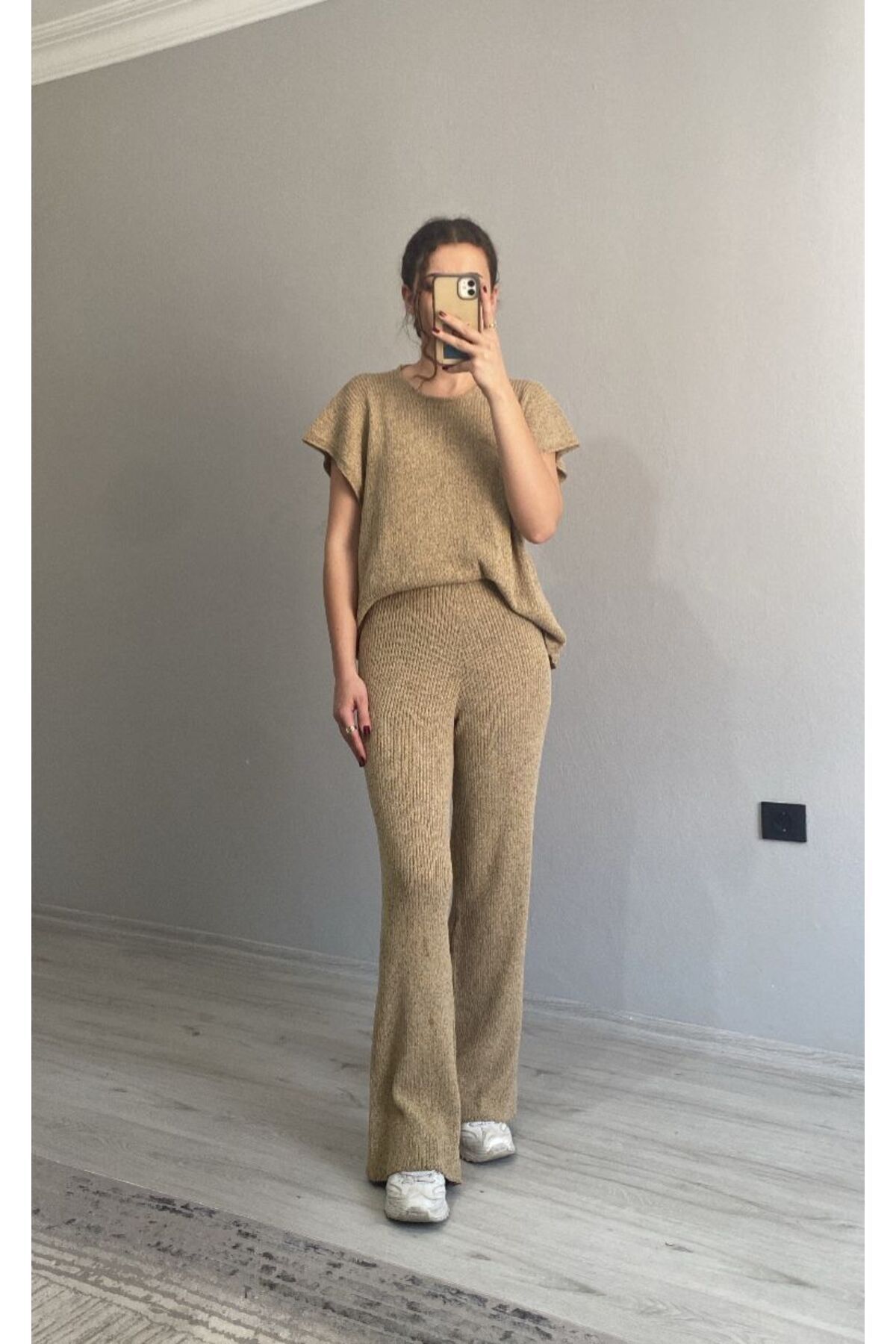 Niceboutique Bej Bisiklet Yaka Triko Bluz Takım