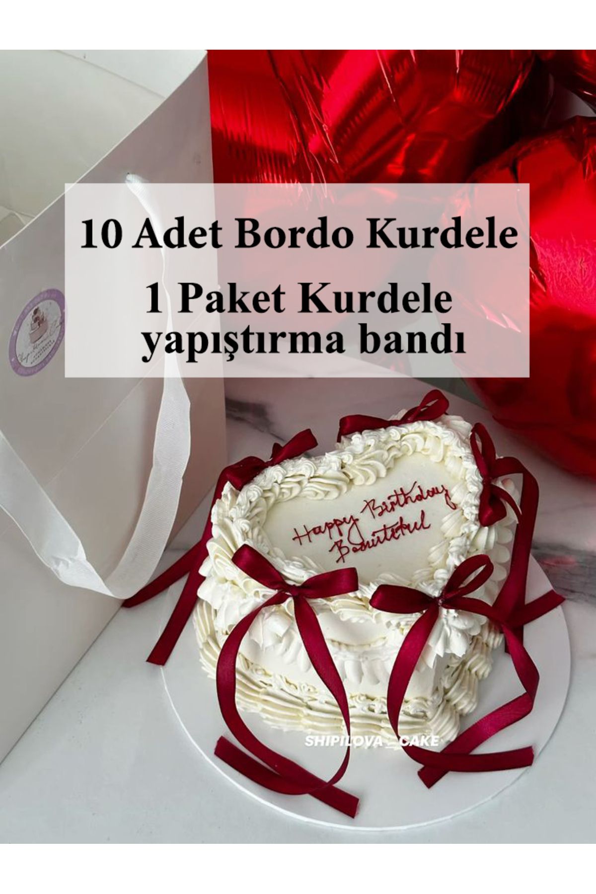 PartyPoo Pasta Balon Üzeri Fiyonk Kurdele Bordo 10 adet büyük kurdele Doğum Günü Süsleme