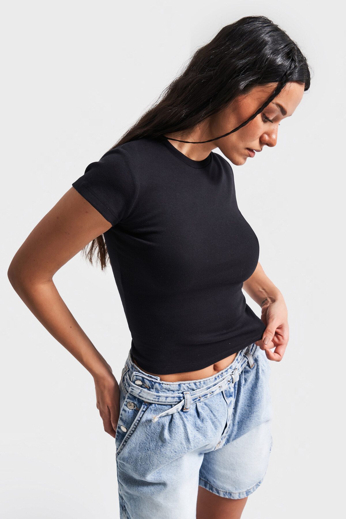 its basic Kadın Siyah Renk s5-1 Süper Esnek Kumaş %100 Pamuk Bisiklet Yaka Basic Body