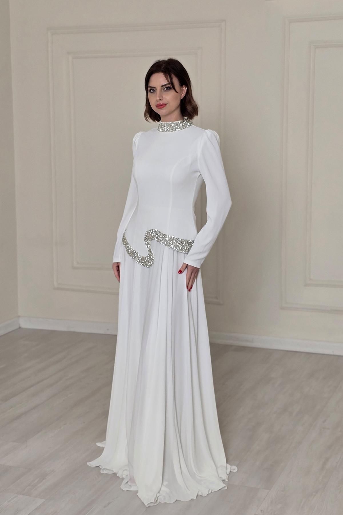 Yonca Moda Evi Beyaz Şifon Etekli Abiye Elbise 4437