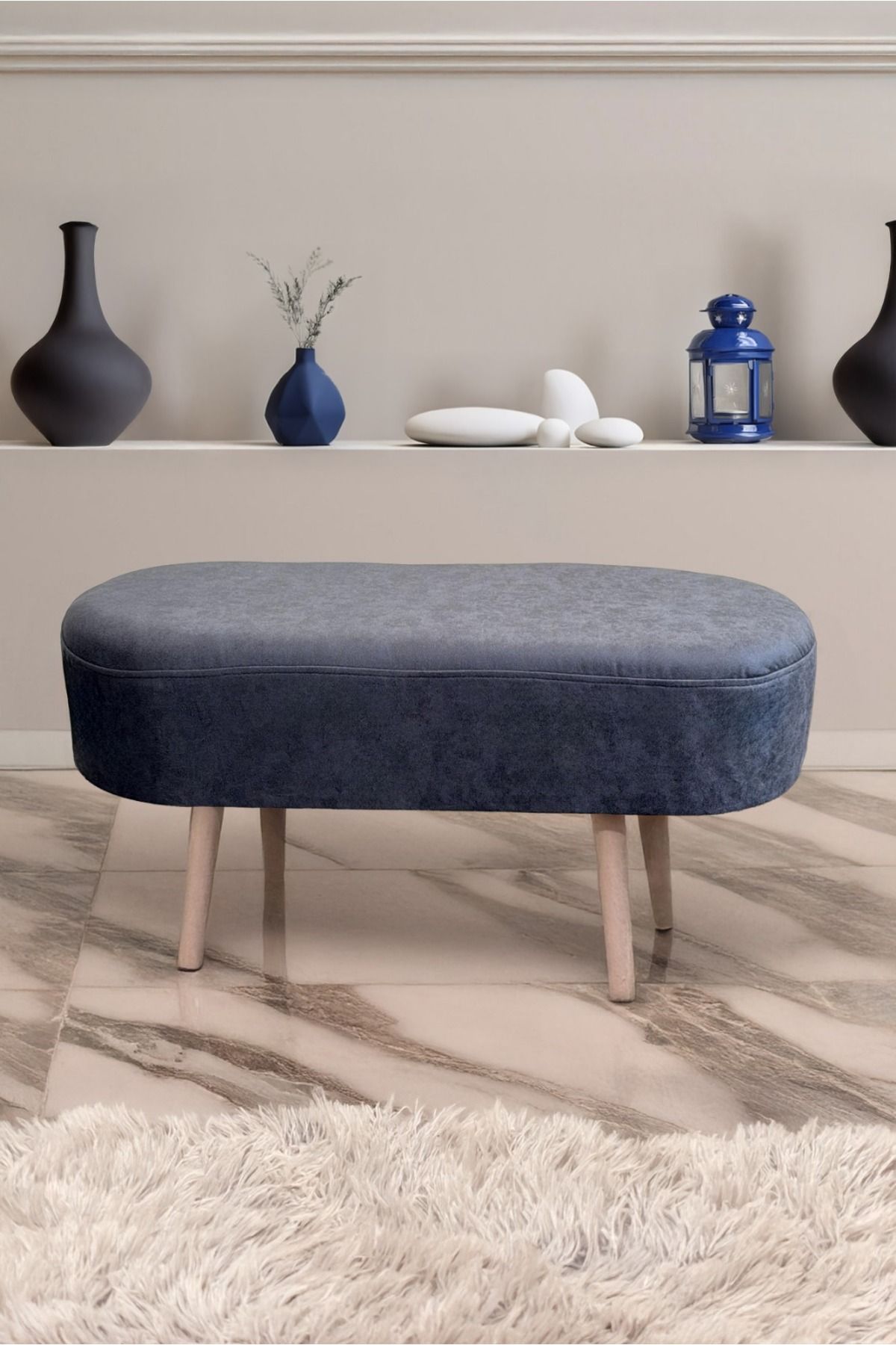 YAPKAR Retro Ahşap Ayaklı Geniş Oturum Alanlı Oval Bench Puf Nubuk Antrasit