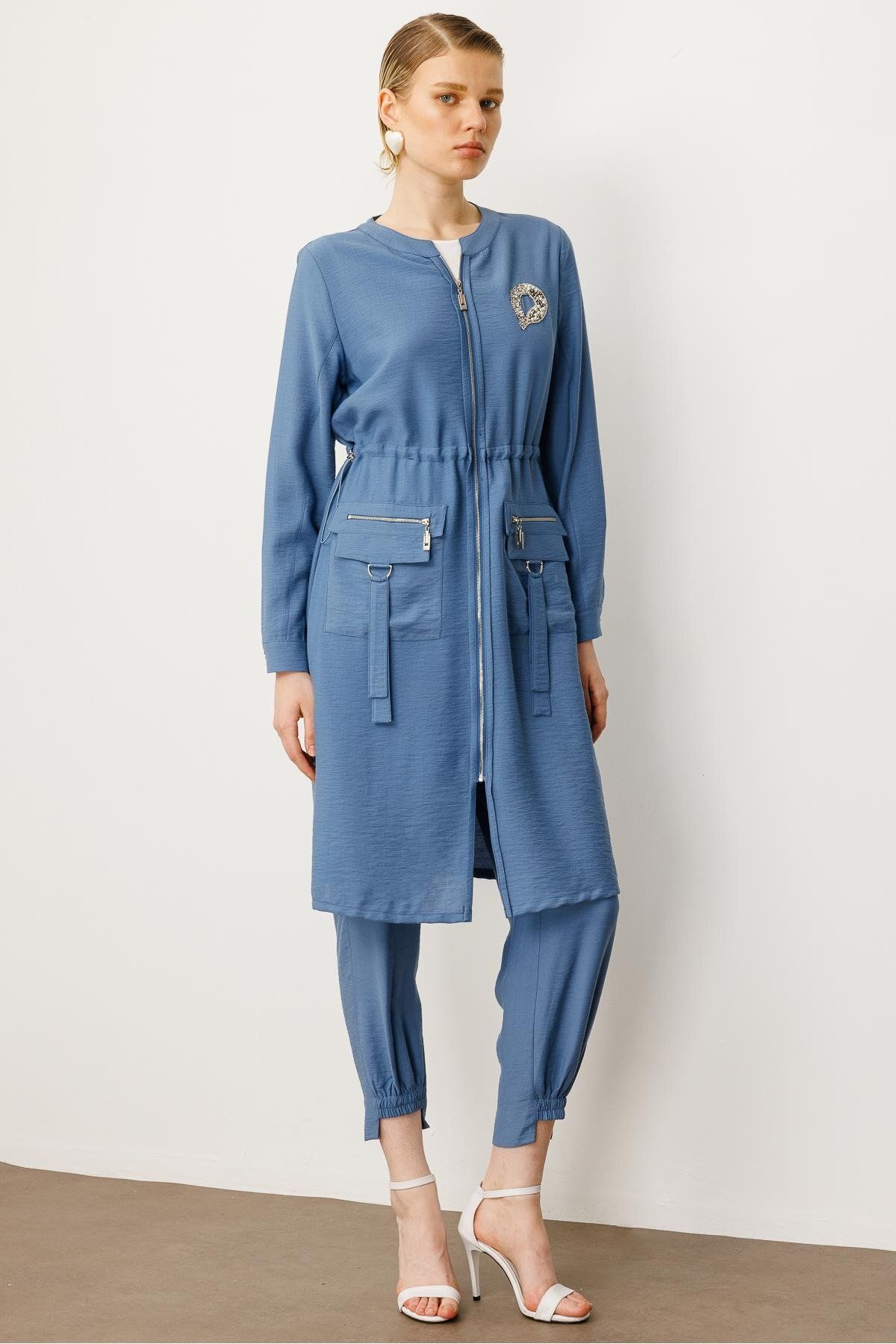 Moda İlgi Belden Tünelli Sıfır Yaka Ara Boy Tunik İndigo 40/42