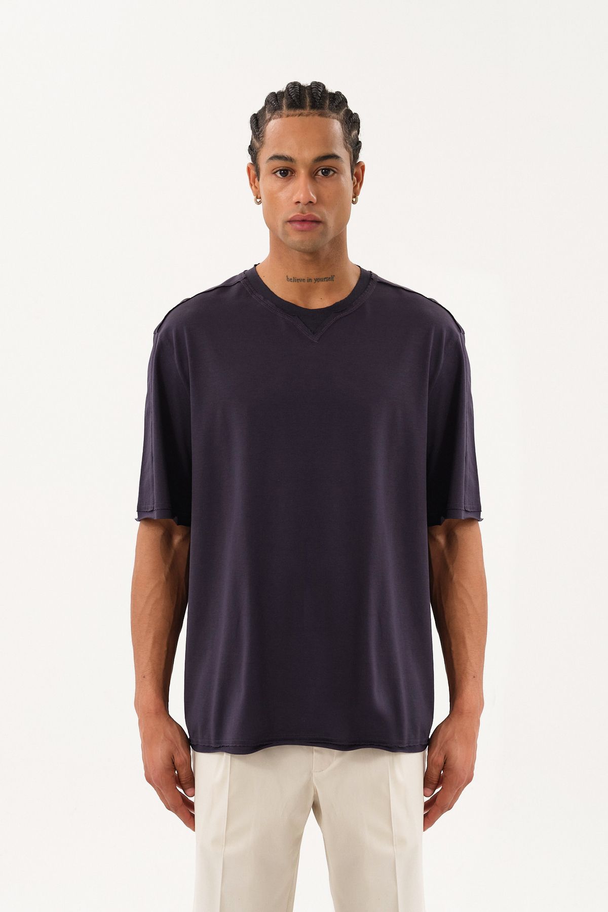 SPORTEMPT Eskitme Detaylı Erkek Oversize Bisiklet Yaka T-Shirt
