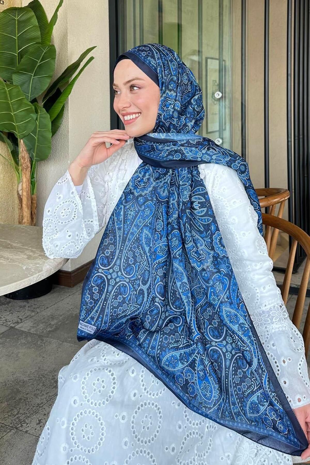 lamelif-Retro Pattern Soft Shawl Midnight Blue 3