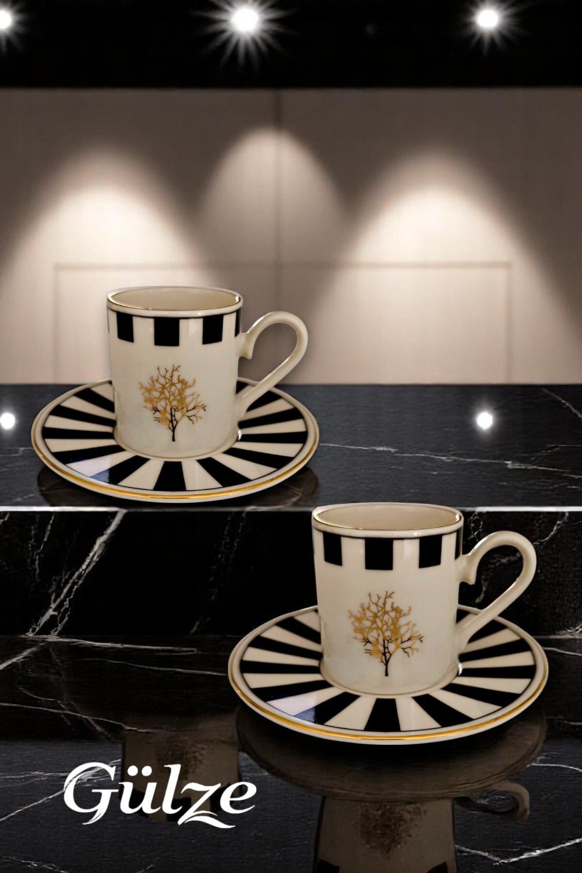 GÜLZE HOME 2 Kişilik (4 Parça) Porselen YAKAMOZ Model Kahve Fincan Takımı