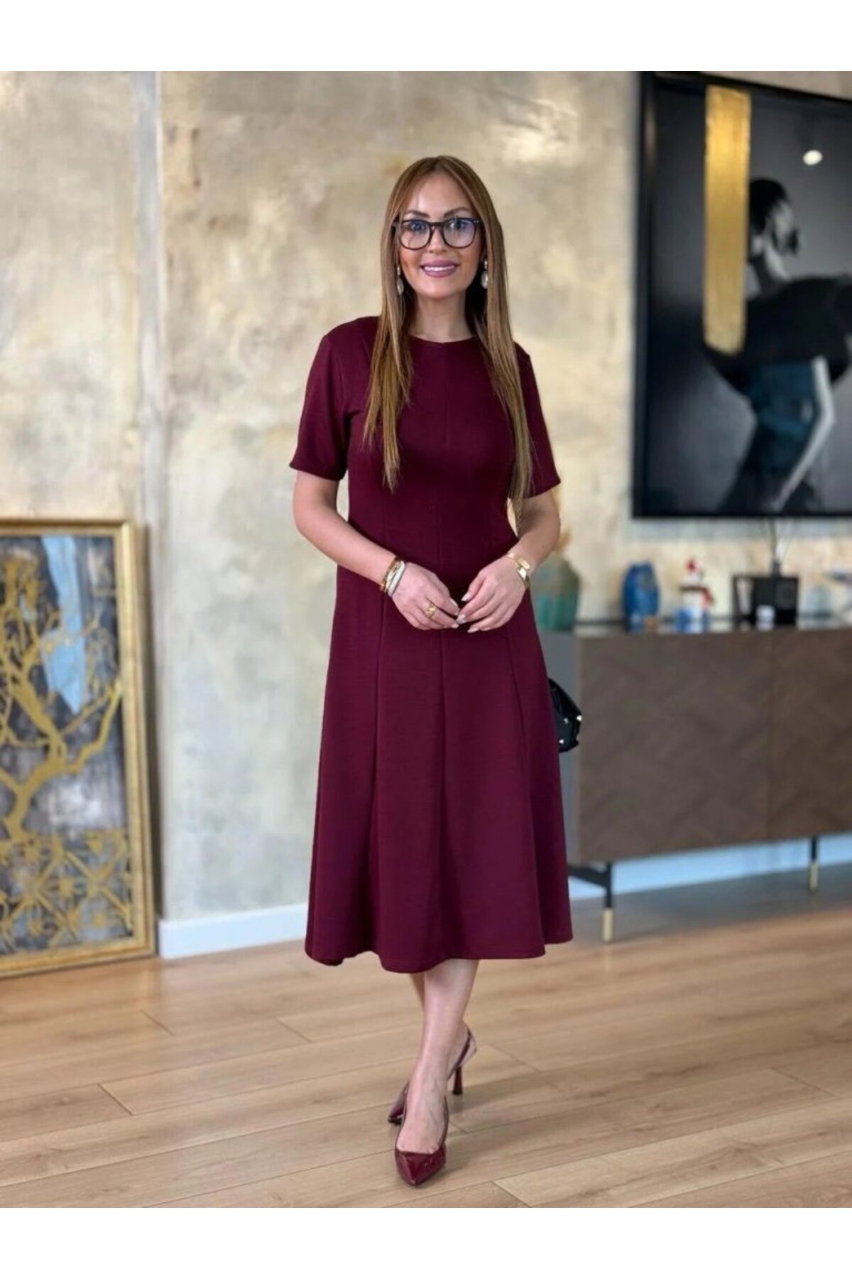 Kokosh moda-Women's Short Sleeve Crew Neck Midi Viscose Two Thread Dress 6