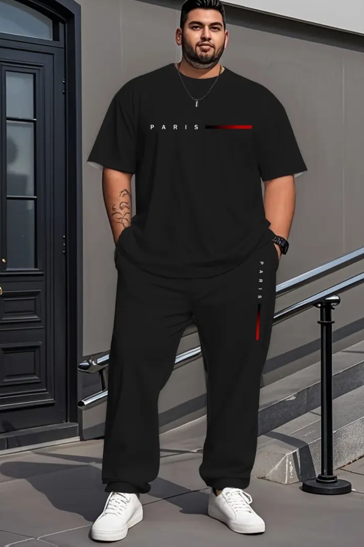 NO 601 Erkek Siyah T-shirt Siyah Eşofman Alt Red Paris Büyük Beden Battal Beden Takımı