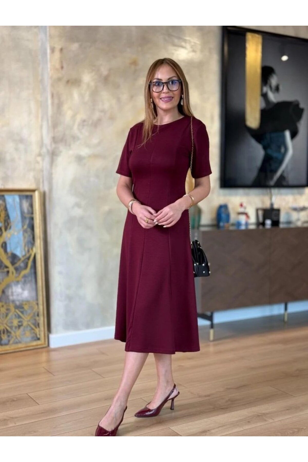 Kokosh moda-Women's Short Sleeve Crew Neck Midi Viscose Two Thread Dress 3