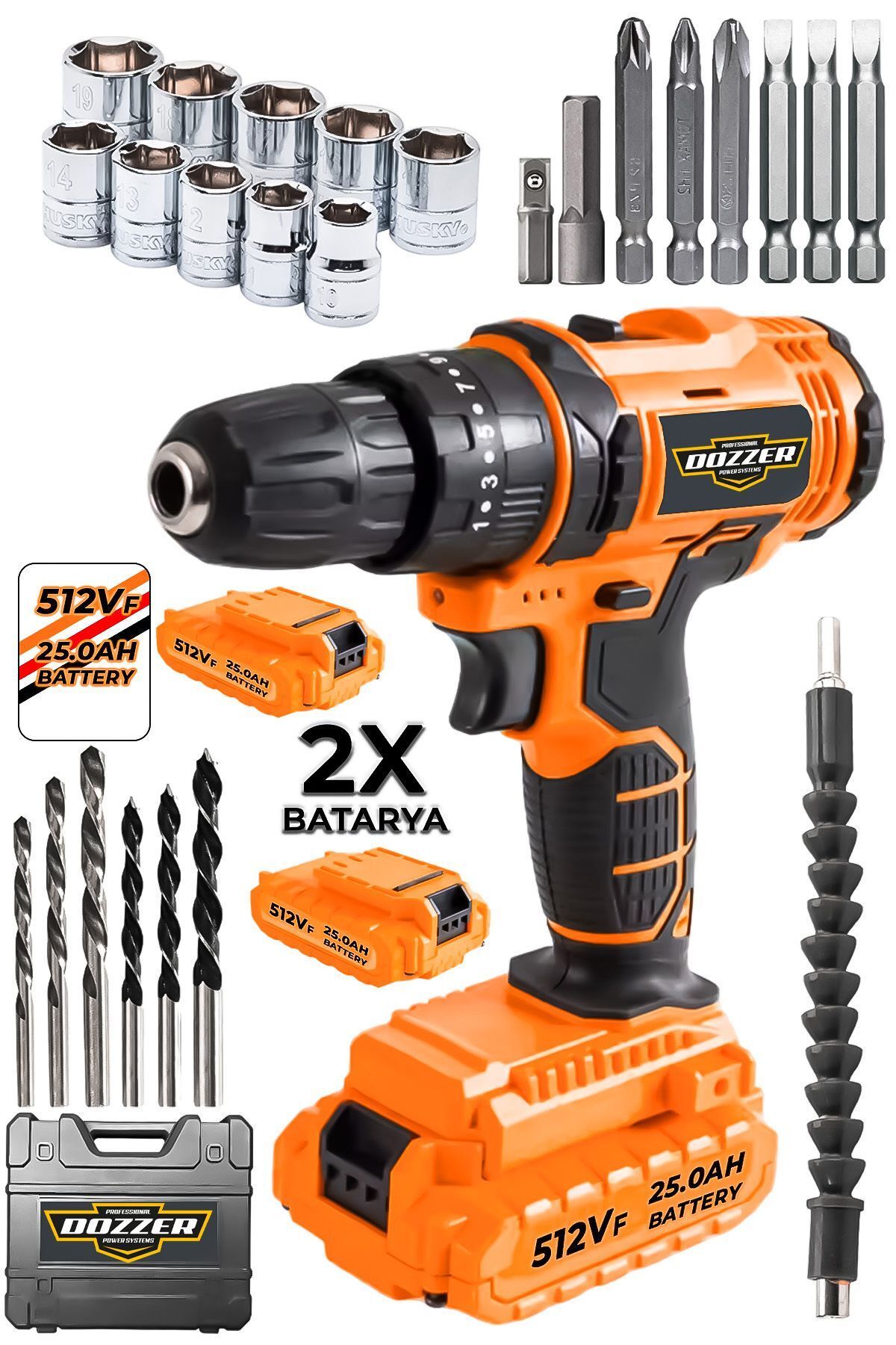 teknotrust Alman V-Tec 512Vf 25Ah Bakır Sargı 27 Parça Set 2x Akülü Şarjlı Vidalama Matkap