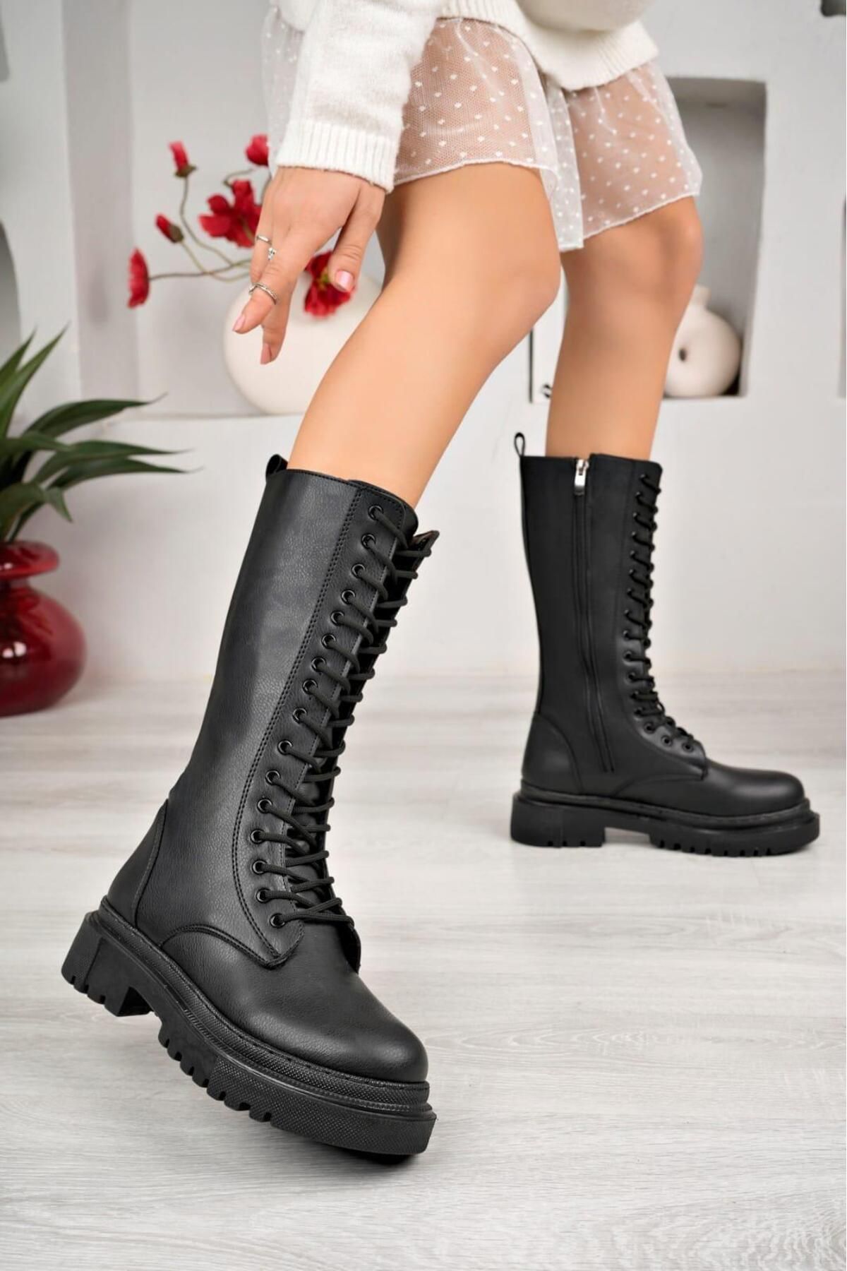 Nil Shoes Dorin Siyah Cilt Bağcıklı Çizme