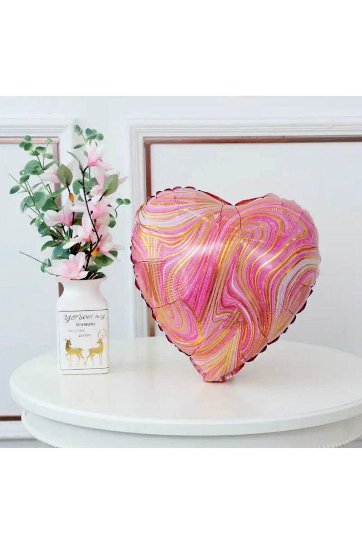 KBK MARKET Mermer Desenli Kalp Folyo Balon 45 cm Pembe