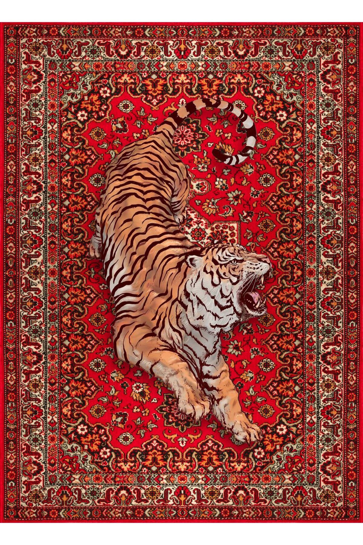Rugs Modern Halı Nilla Koleksiyonu Kırmızı Vintage Desenli Kaplan Detaylı Dokuma Taban Dekoratif Halı nilla08