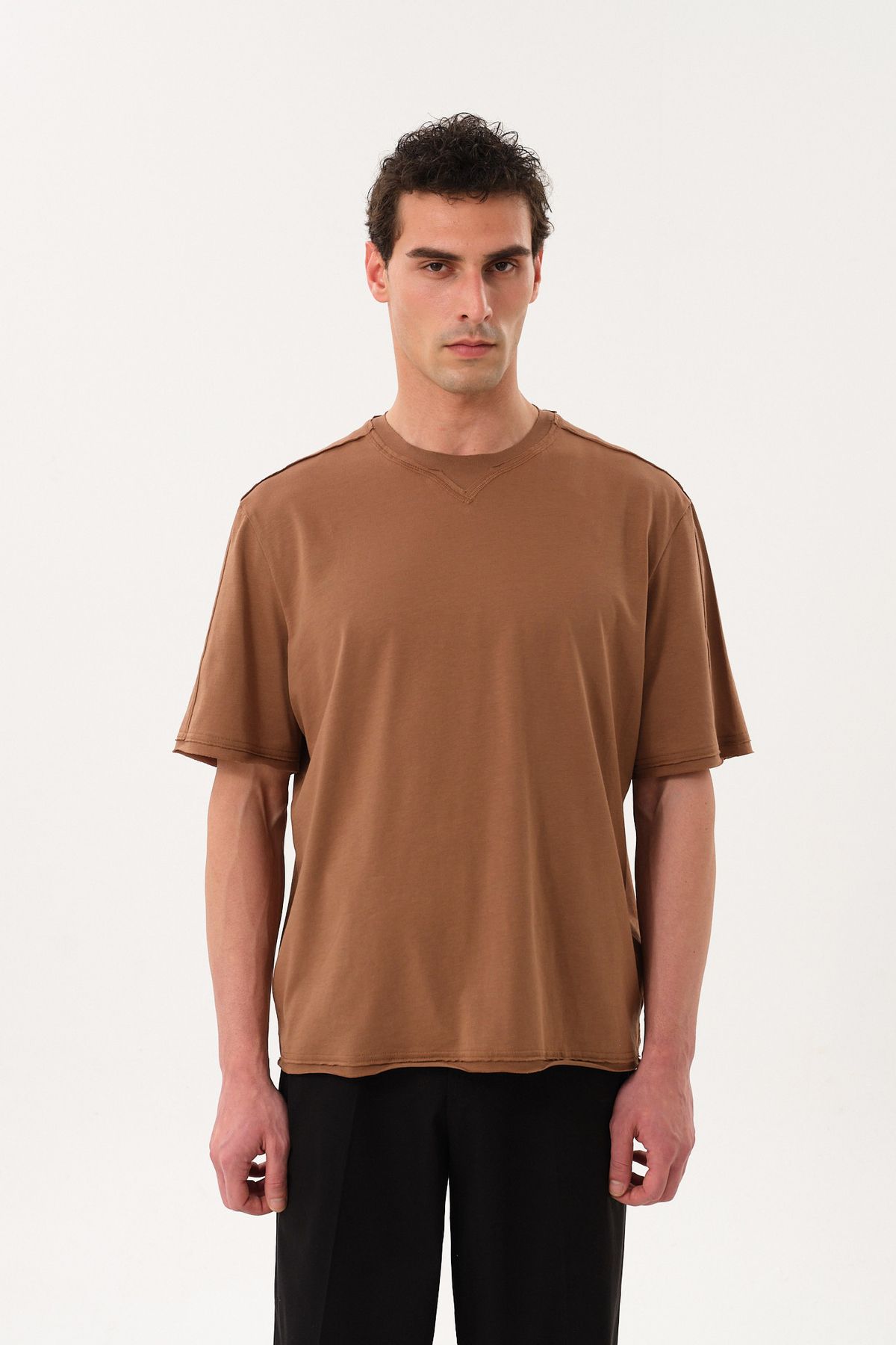 SPORTEMPT Eskitme Detaylı Erkek Oversize Bisiklet Yaka T-Shirt