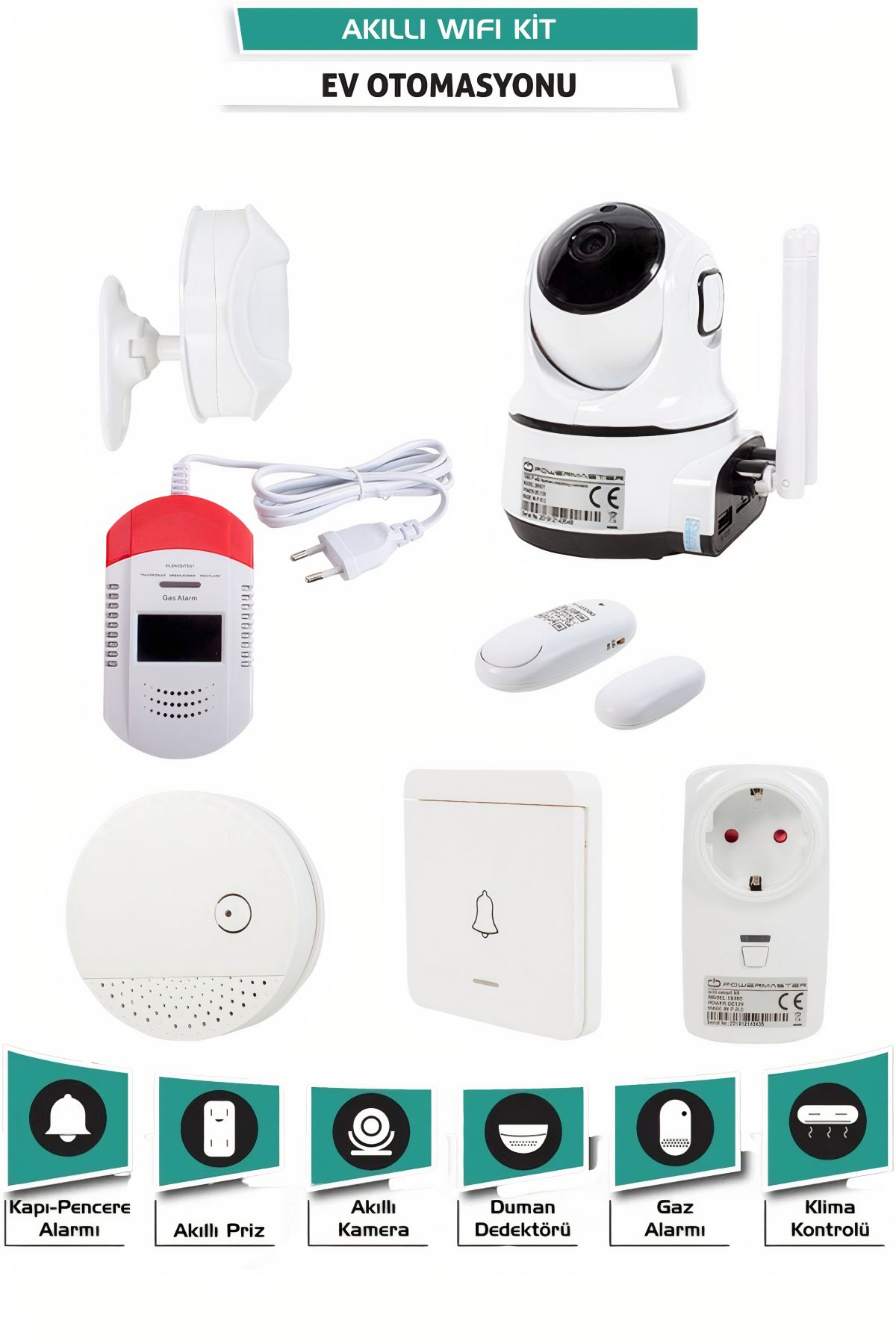 Ecuy WiFi Akıllı Ev Otomasyon Seti -Kamera + Priz + Alarm + Dedektör + Uygulama Kontrollü Güvenlik Sistem