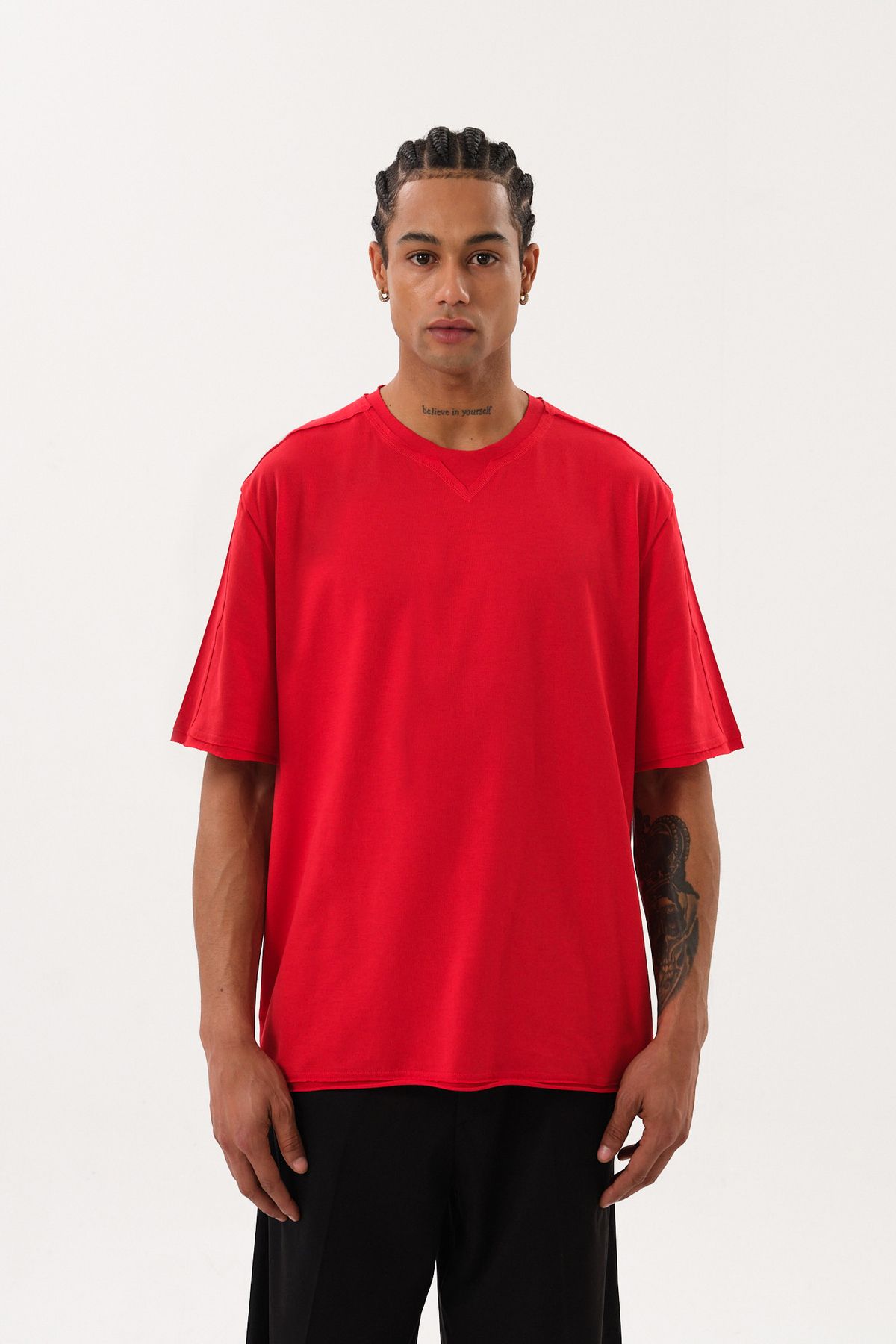 SPORTEMPT Eskitme Detaylı Erkek Oversize Bisiklet Yaka T-Shirt