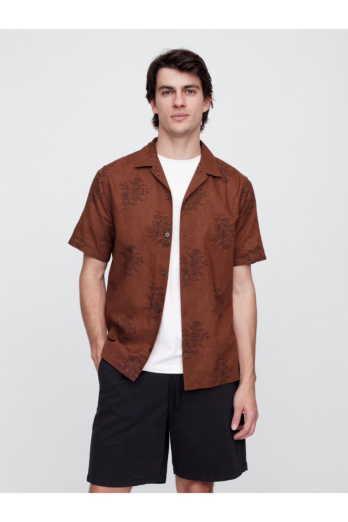 GAP Erkek Kahverengi Standard Fit Keten Karışımlı Vacay Gömlek