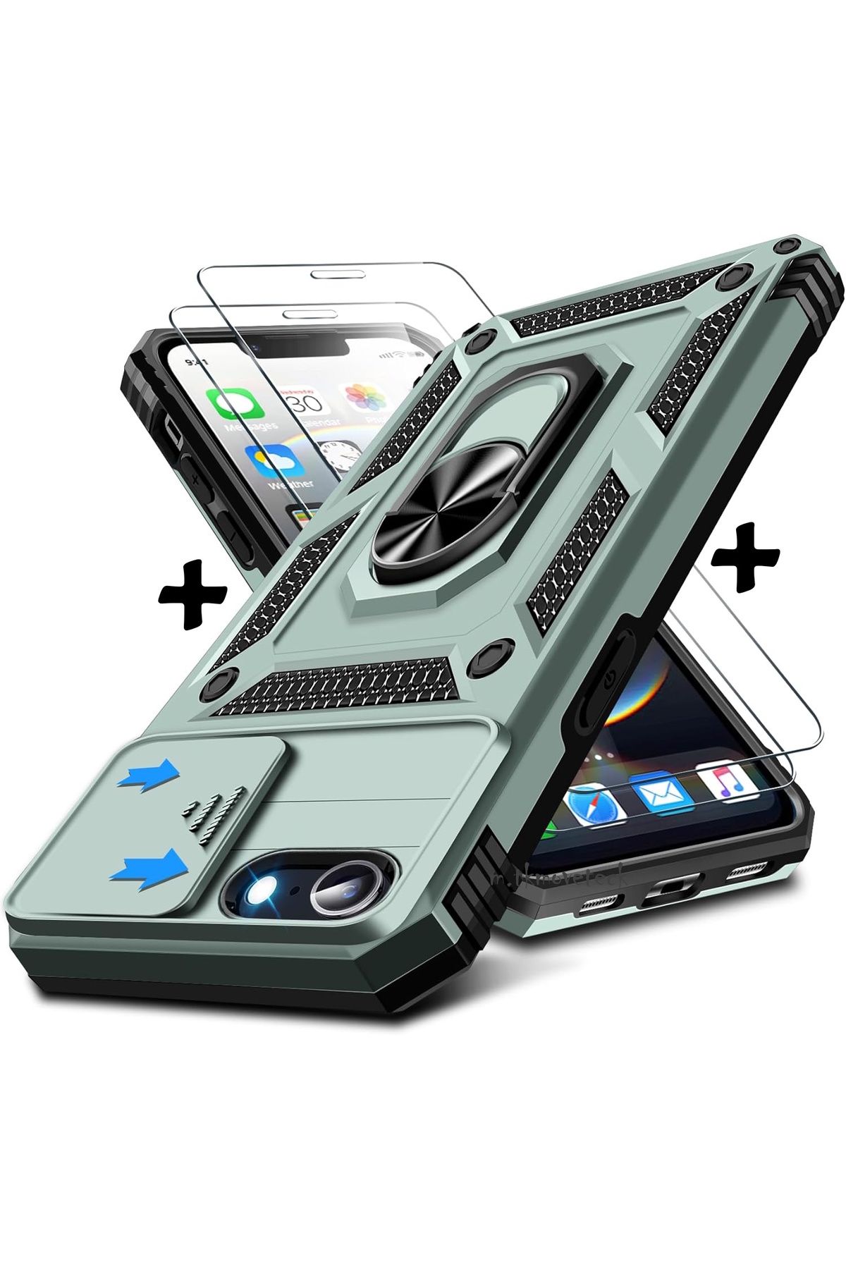 m.tk moveteck iPhone 16E Kılıf Kamera Korumalı Sürgülü Yüzüklü Armor Military Tank Kapak+9H Ekran Koruyucu Cam Set
