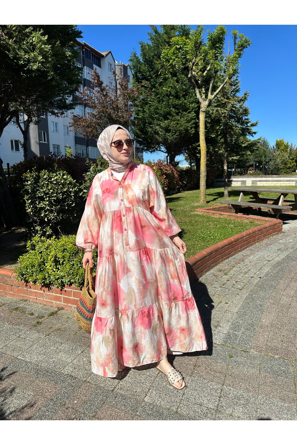 ESİO Desenli mango kumaş uzun elbise
