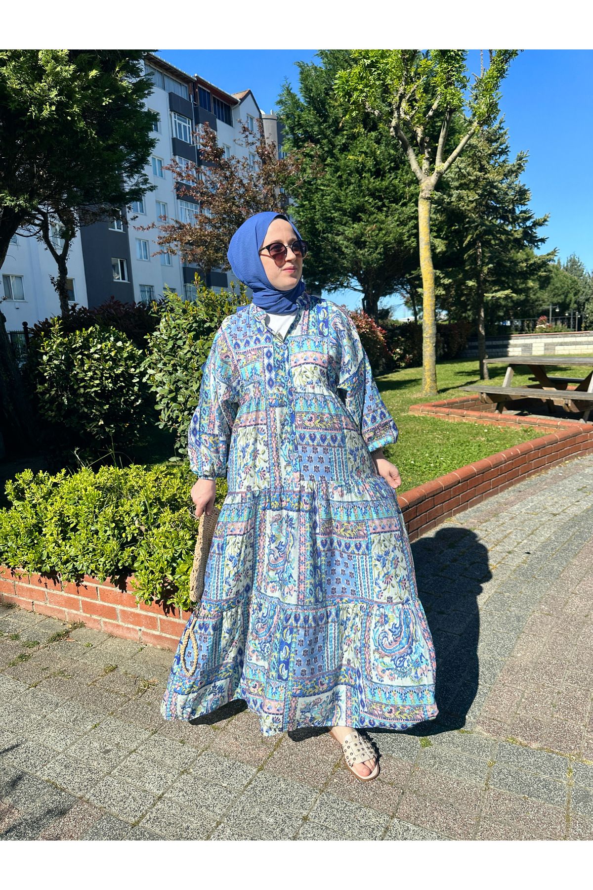 ESİO Desenli mango kumaş uzun elbise