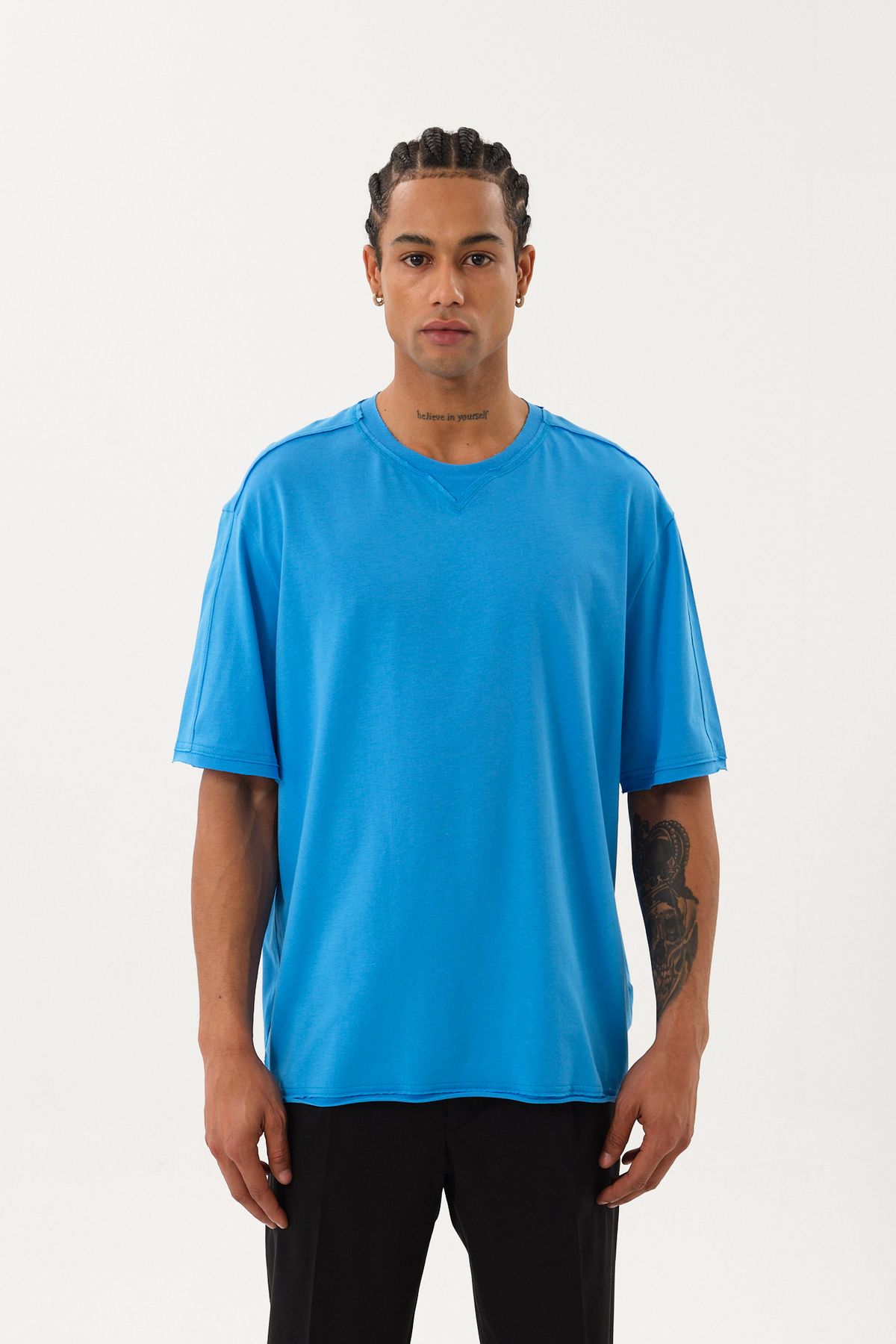 SPORTEMPT Eskitme Detaylı Erkek Oversize Bisiklet Yaka T-Shirt