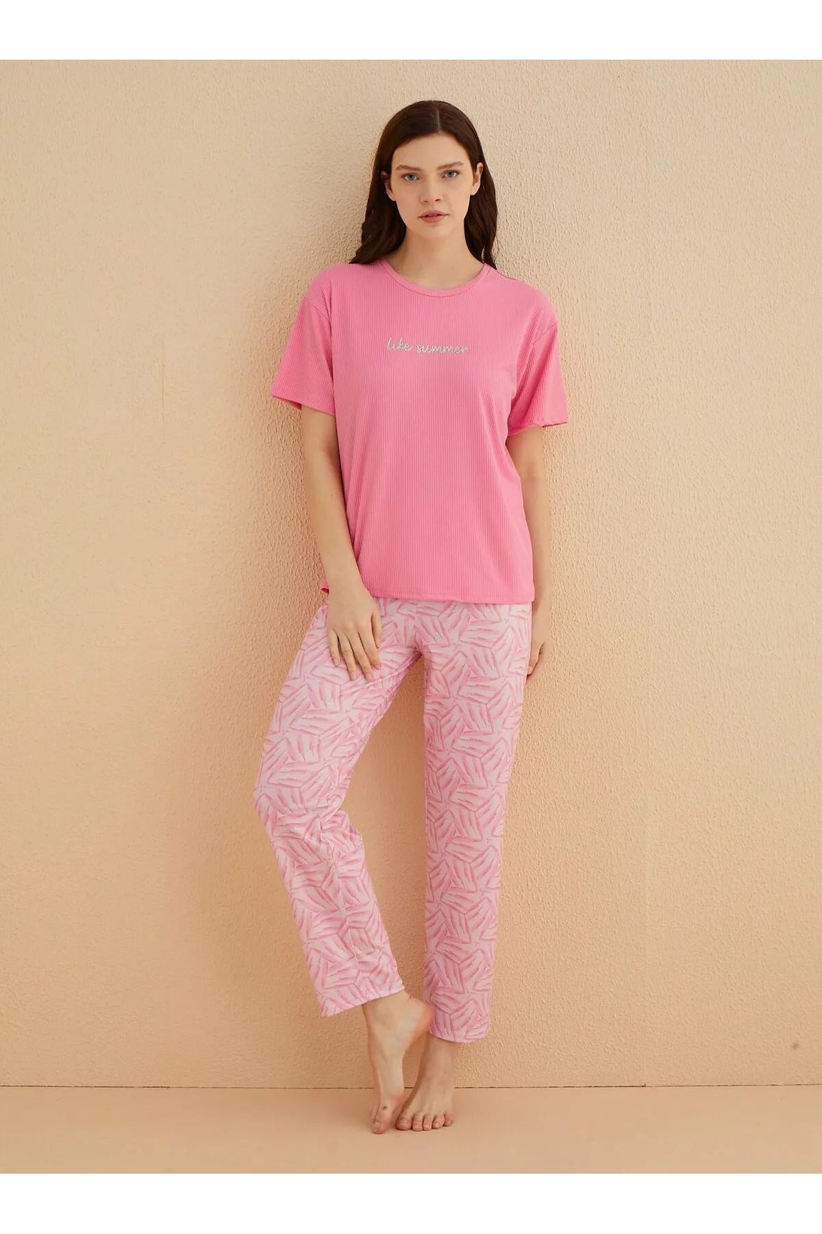 My Blog Pembe Bisiklet Yaka Kısa Kollu Pijama Takımı - 70105