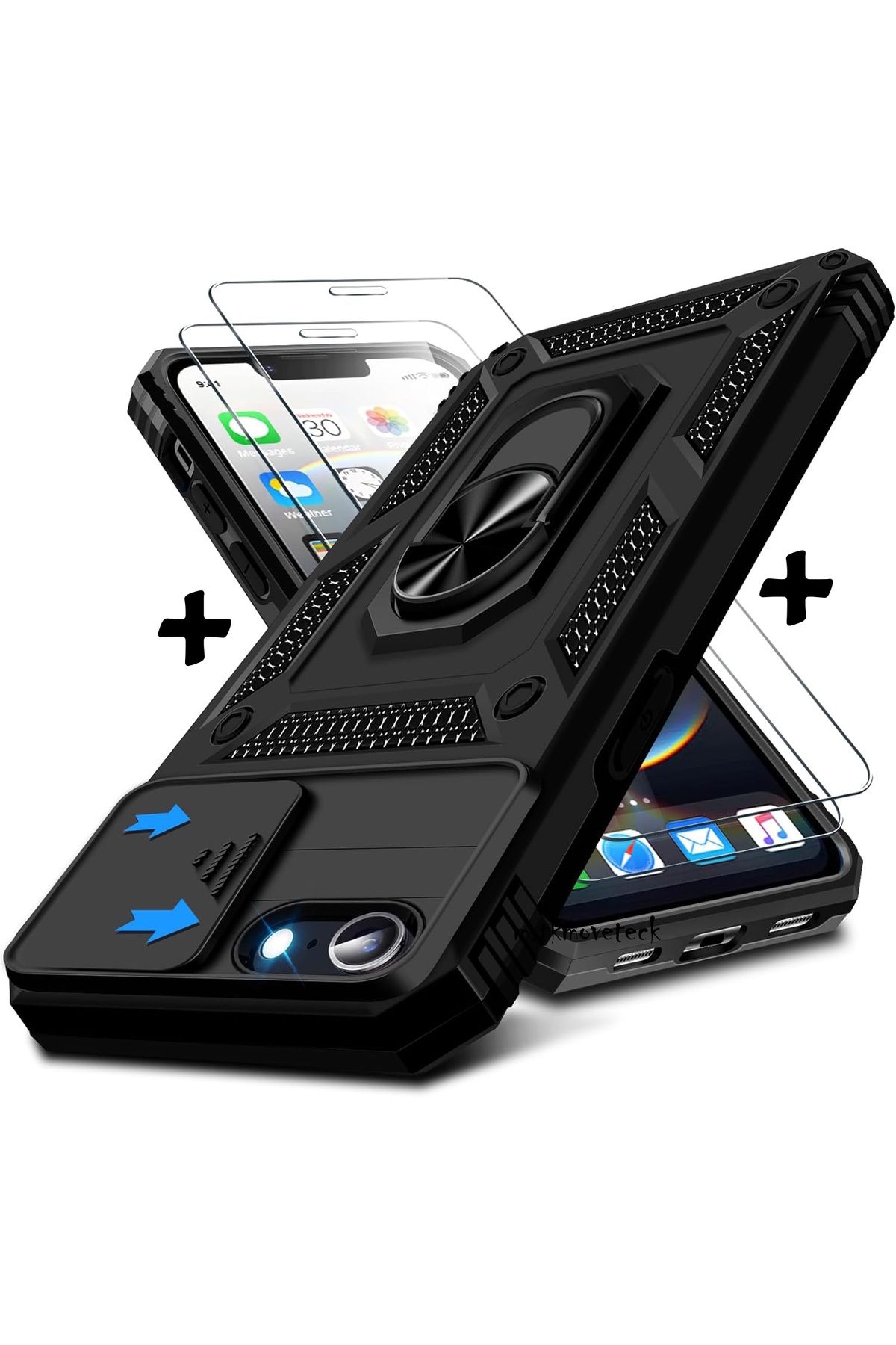 m.tk moveteck iPhone 16E Kılıf Kamera Korumalı Sürgülü Yüzüklü Armor Military Tank Kapak+9H Ekran Koruyucu Cam Set