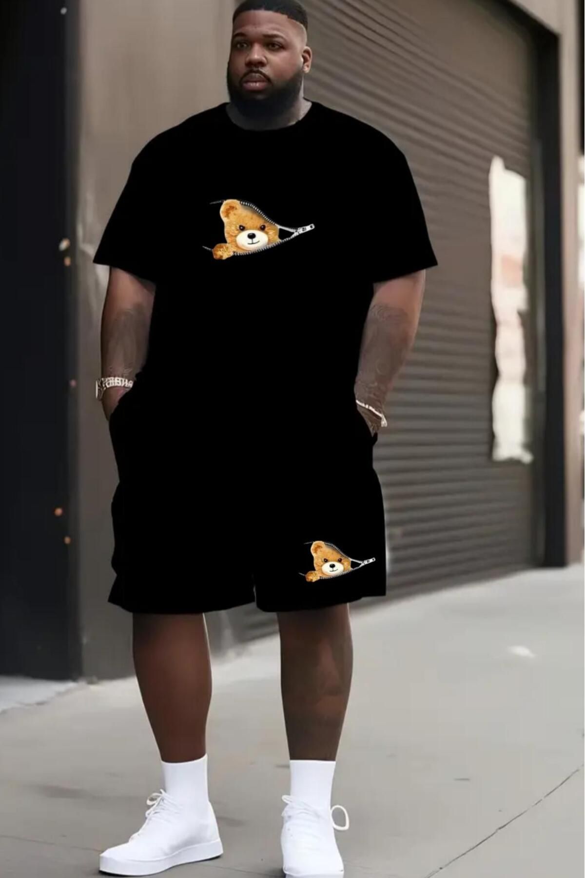NO 601 Erkek Siyah T-shirt Siyah Şort Fermuarlı Ayı Büyük Beden Battal Beden Takımı