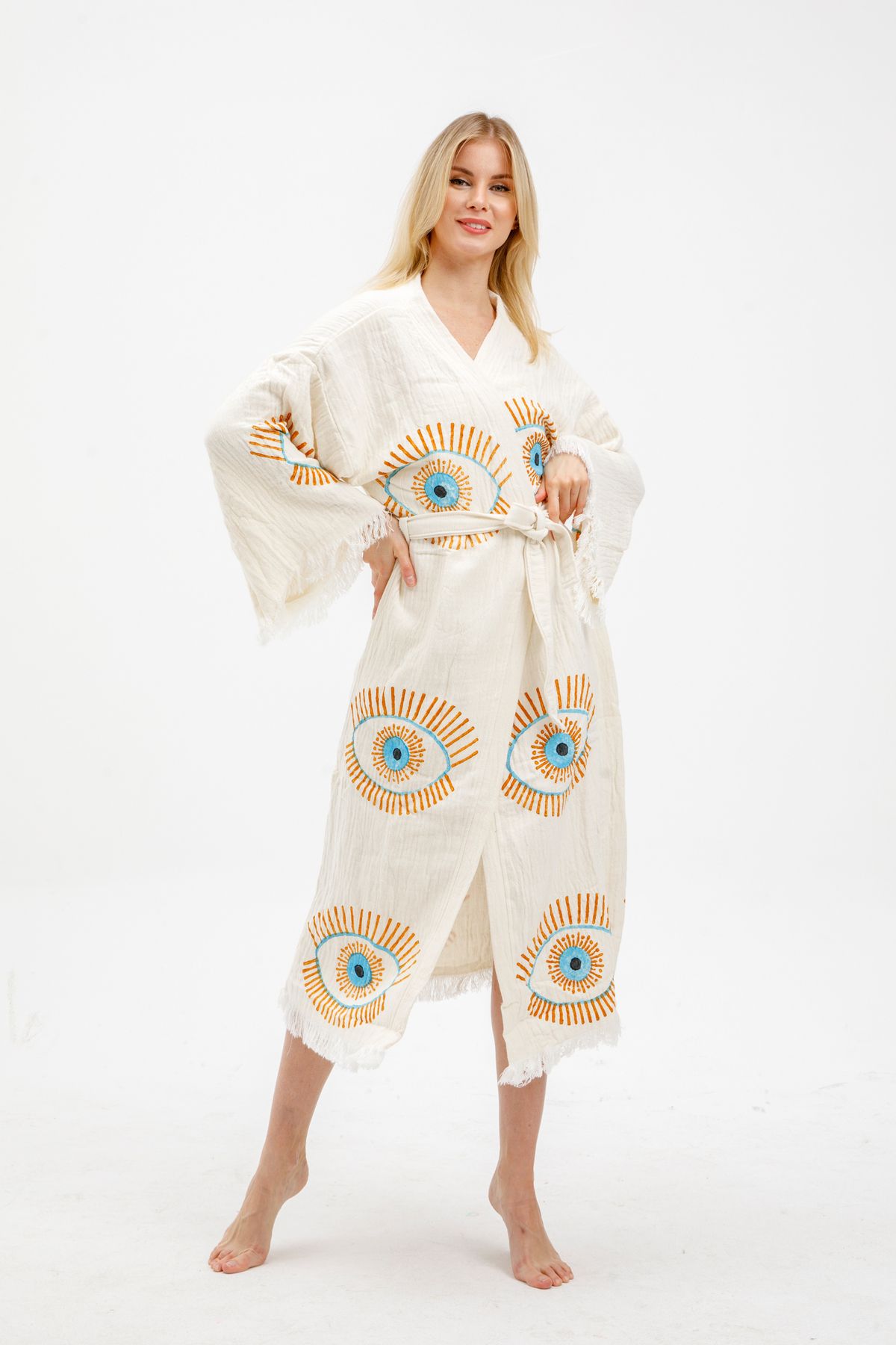 ERISHOMEE Kimono -Natürel Müslin Kumaş - El Boyamalı