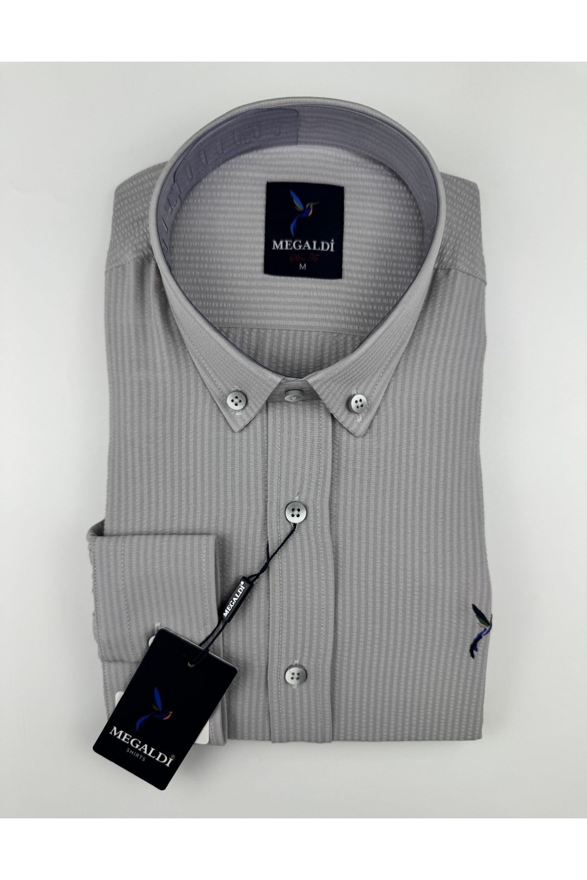 MEGALDİ Erkek Slim Fit Kesim Gofre Gri Likralı Çizgili Uzun Kollu Gömlek