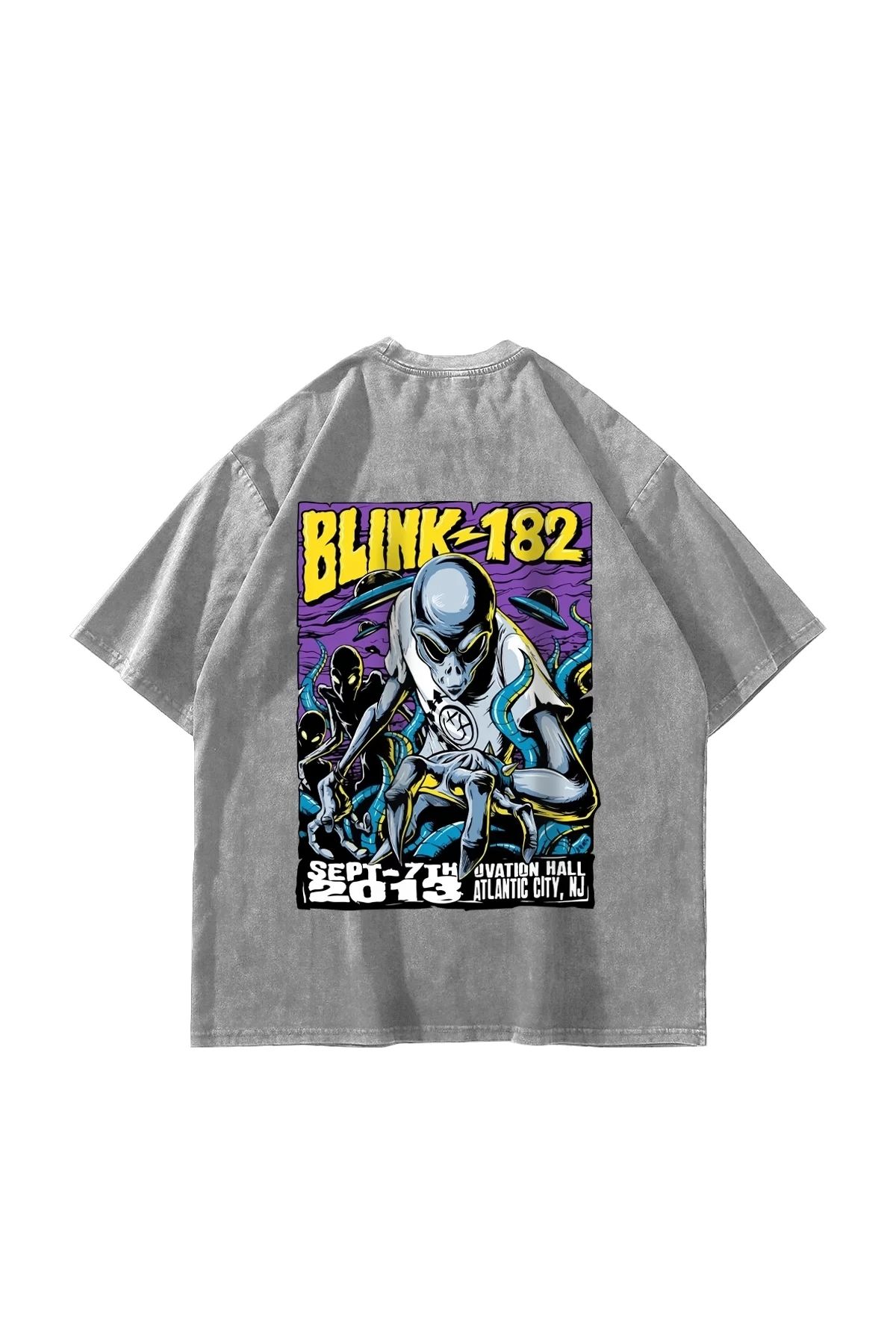 Bak Moda Blink 182 Baskılı Oversize Unisex Yıkamalı Beyaz Tshirt